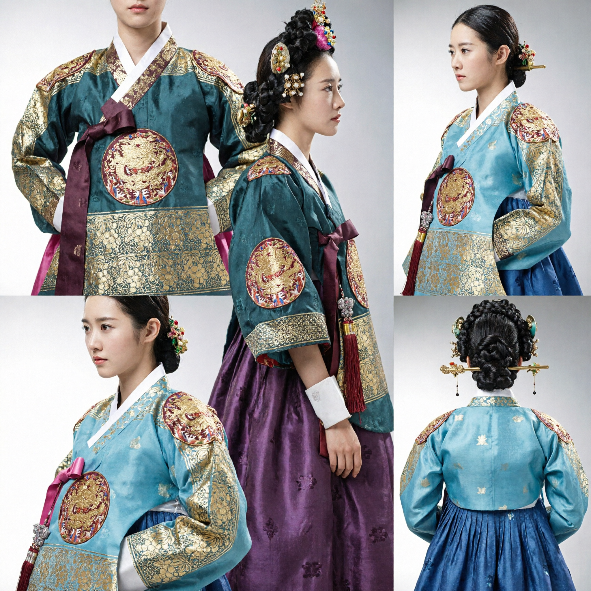 Hanbok da Corte Real Coreano Tradicional para Mulheres, Jeogori de Veludo Verde com Bordado Dourado para Casamentos e Festivais - Asian Costume