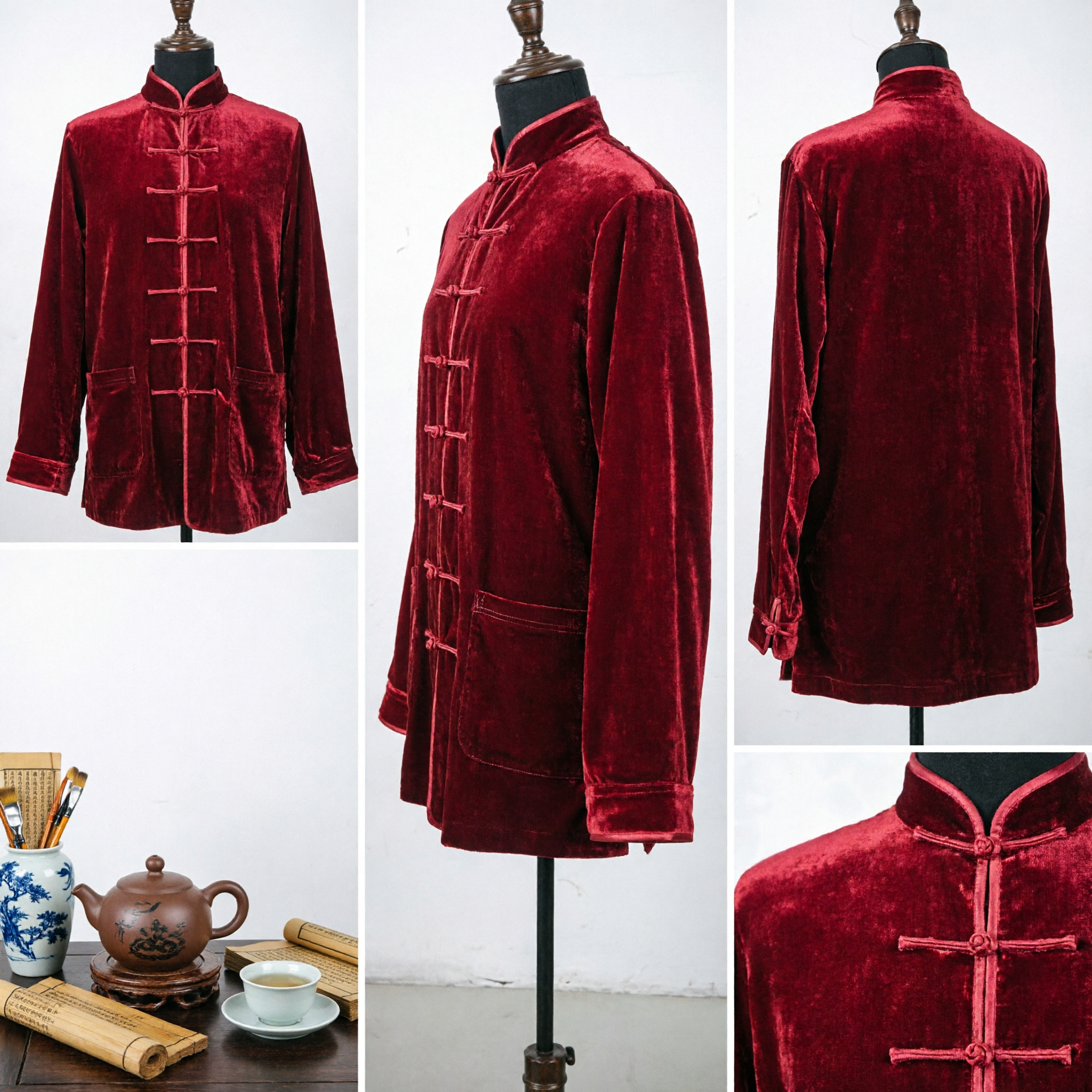 Veste traditionnelle chinoise Tang Suit en velours rouge pour homme - Col mandarin, haut d'arts martiaux Kung Fu - Asian Costume