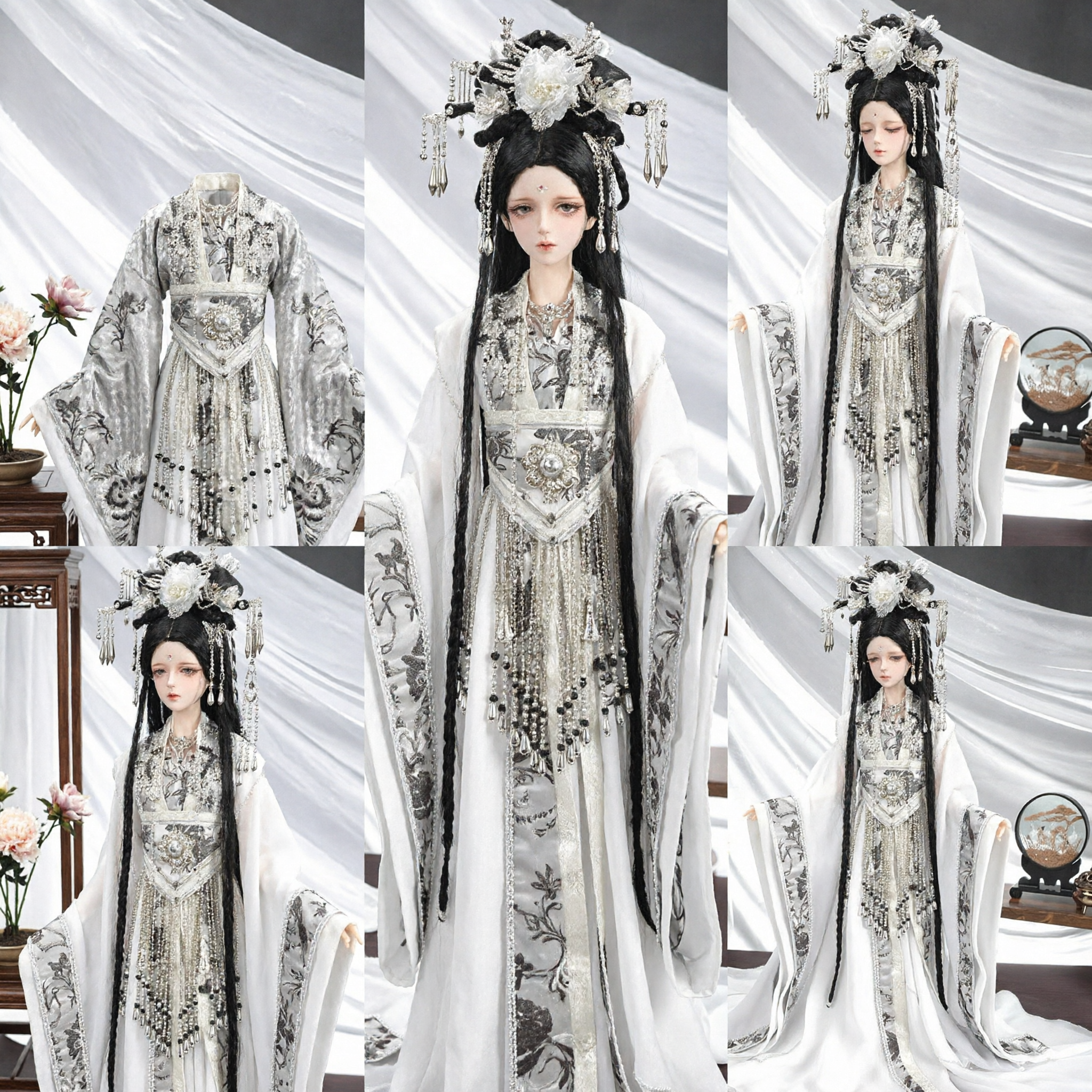 Traditional Chinese Hanfu Complete Set Ancient Fairy Costume with Silver Embroidery and Headdress for Cosplay - Asian Costume
