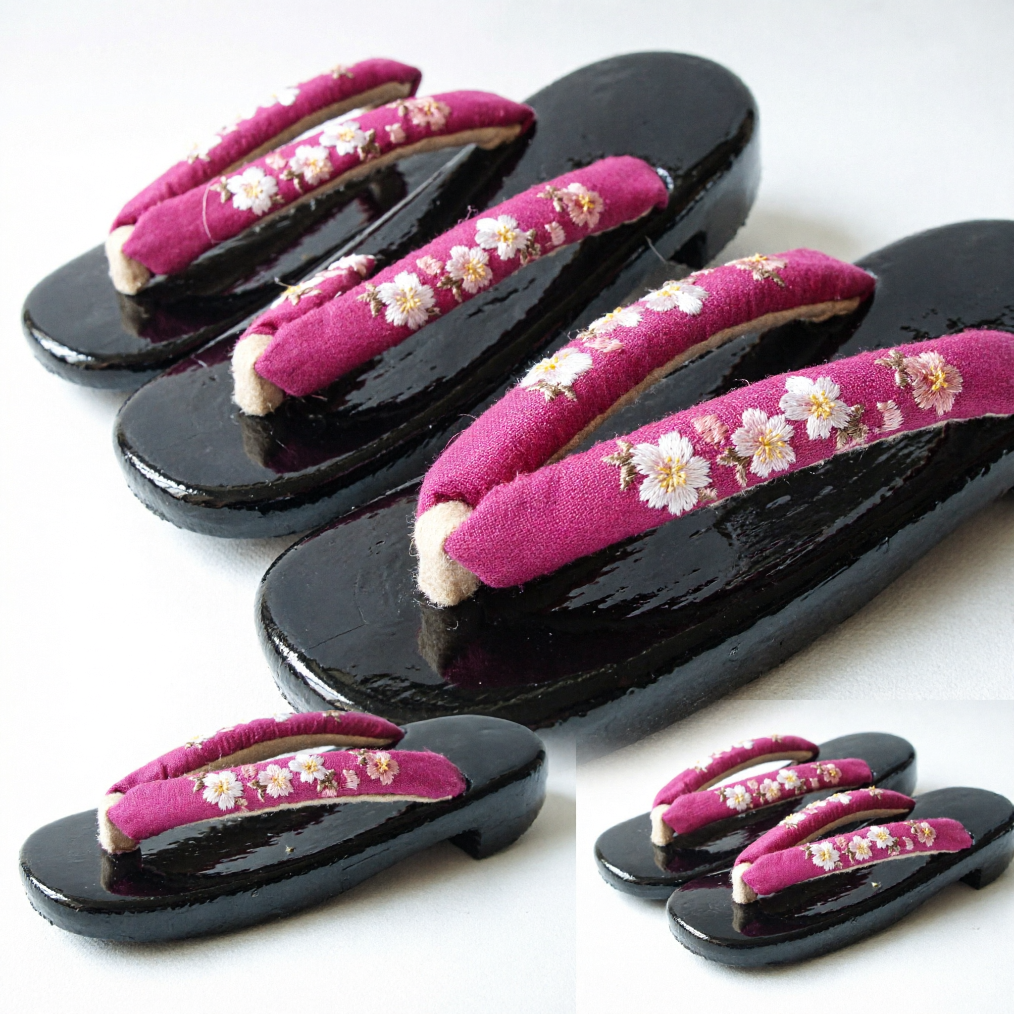 Sandales en bois traditionnelles japonaises Geta avec brides à fleurs roses - Chaussures Kimono et Yukata pour femmes et filles - Asian Costume