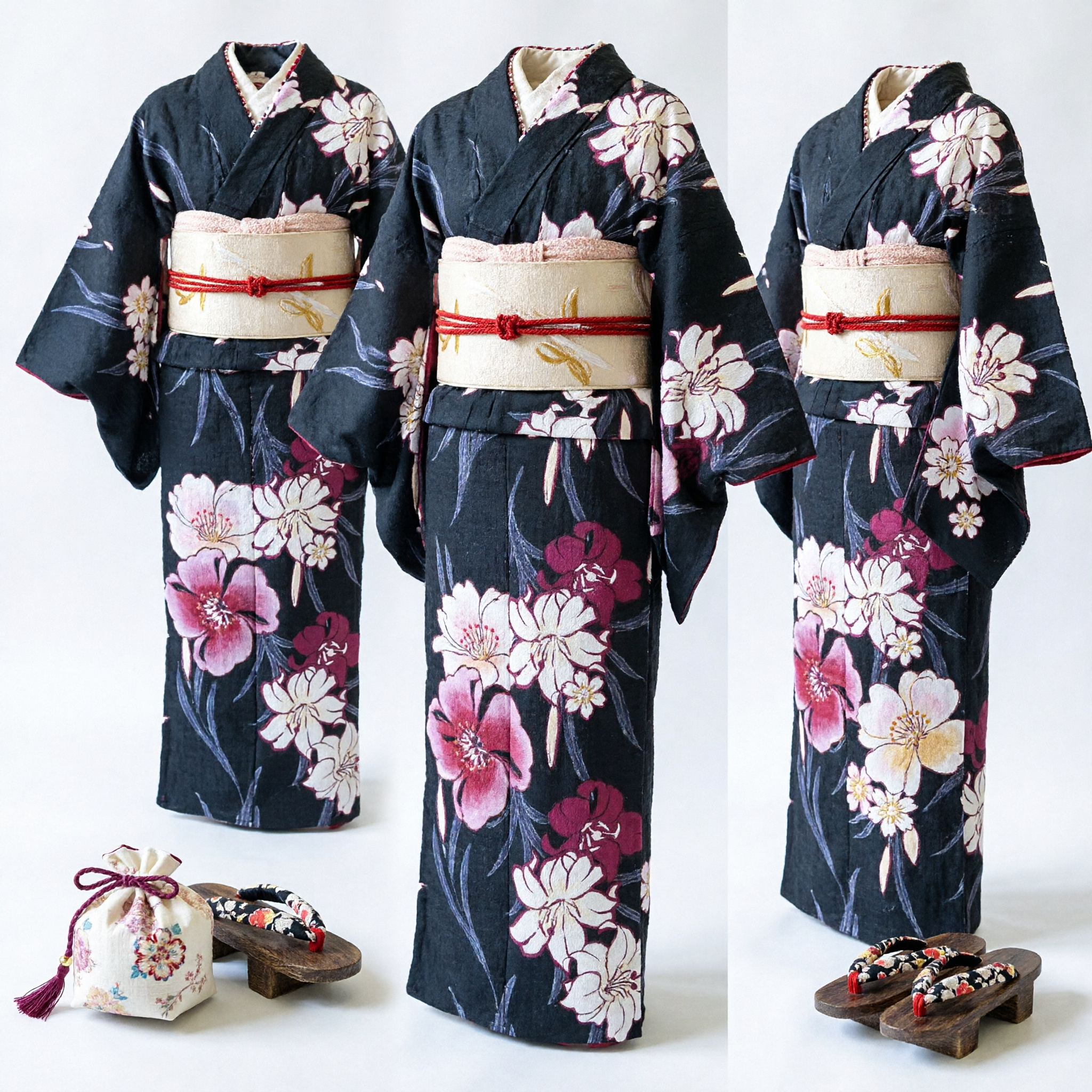 Traditionelles japanisches schwarzes Blumen-Yukata-Kimono-Set für Damen mit Obi-Schleife, Geta-Sandalen und Beutel - Asian Costume