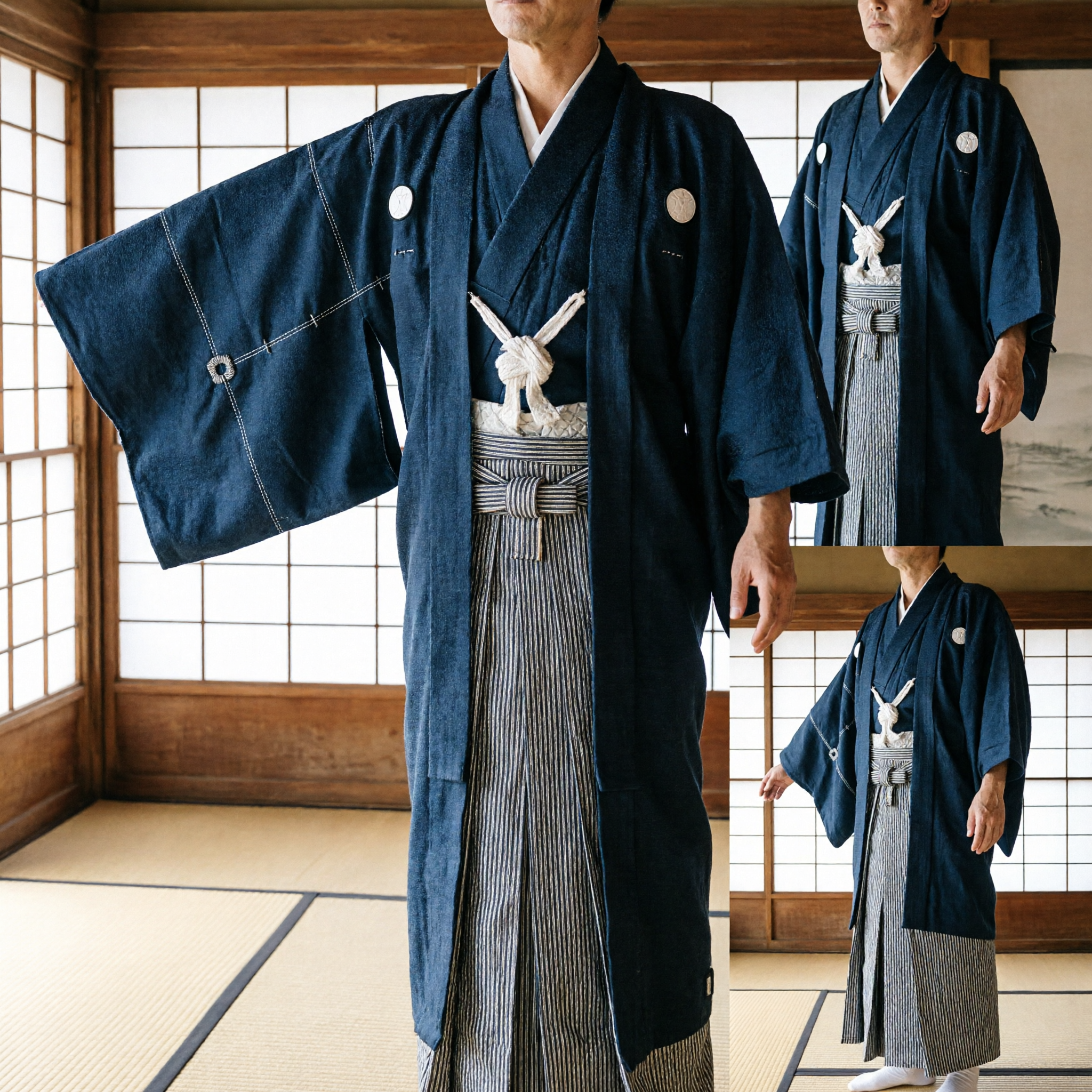 Mannen Zwart Formeel Montsuki Kimono met Gestreepte Hakama Set Traditionele Japanse Bruiloft en Theeceremonie Kostuum - Asian Costume
