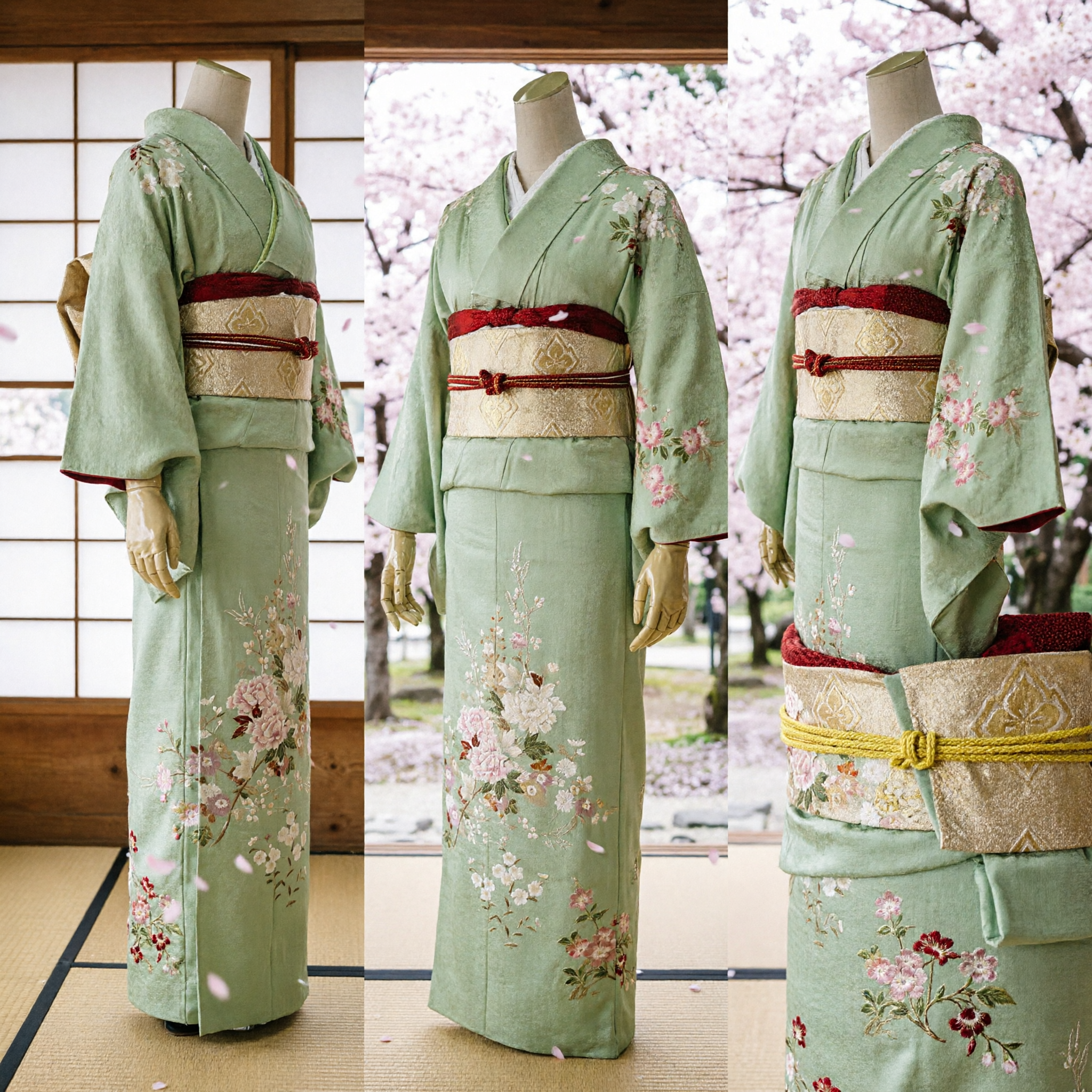 Elegante Conjunto de Kimono Japonés Verde Claro con Bordado Floral y Obi Dorado para Mujer para Ceremonias Tradicionales - Asian Costume