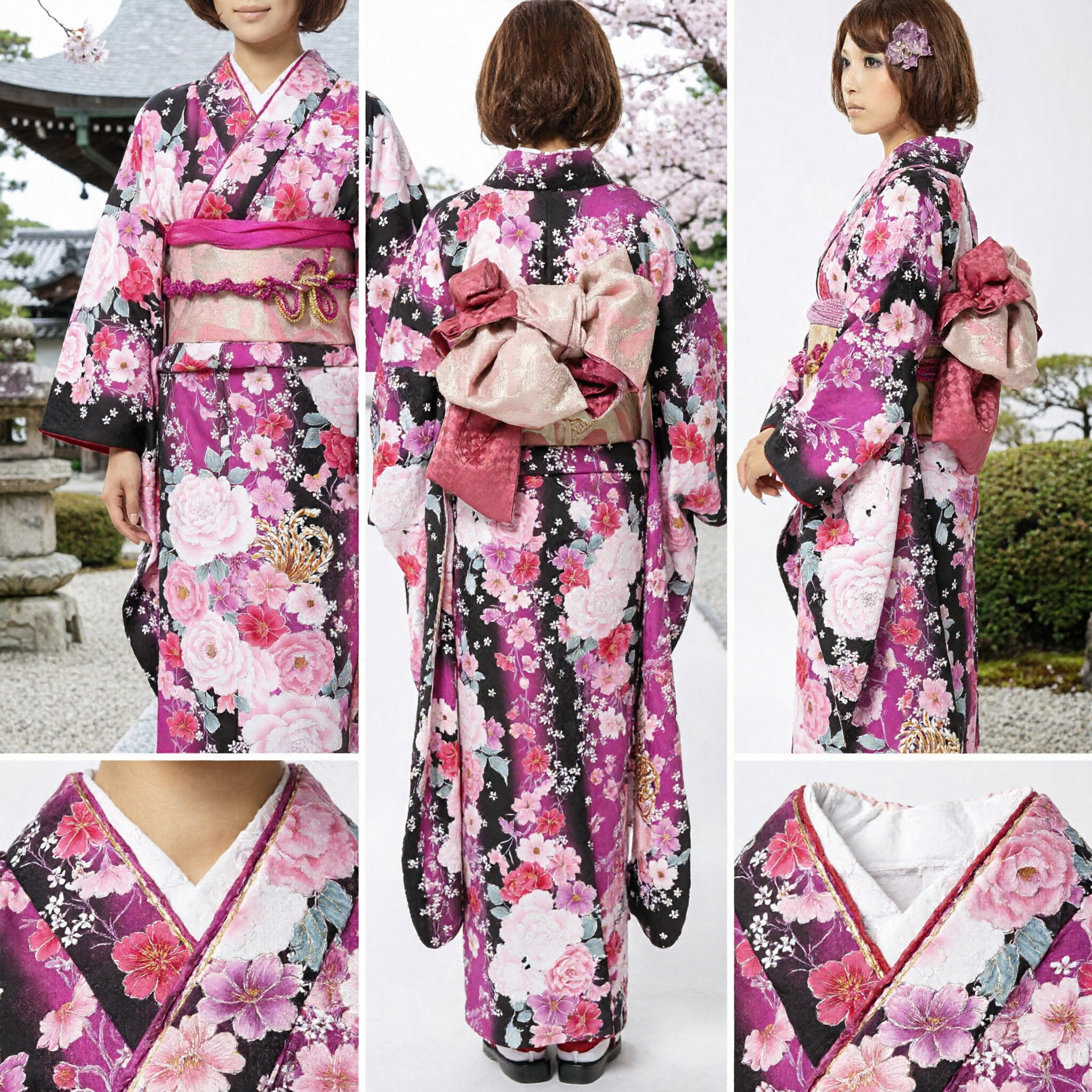 Set Kimono Furisode Femminile Nero in 7 Pezzi con Vivace Motivo di Rose Rosa per Matrimoni Formali e Cerimonie - Asian Costume