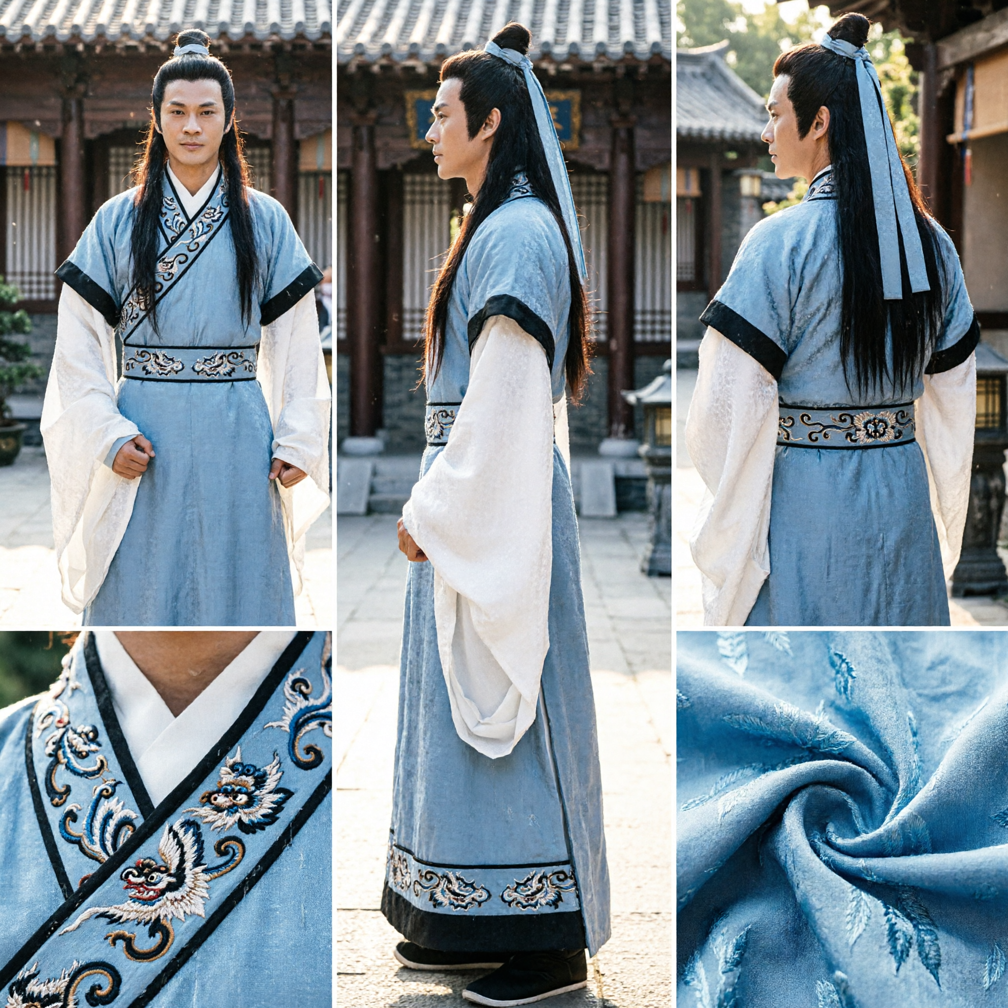 Antikes chinesisches Hanfu-Wuxia-Schwertkämpfer-Kostüm für Herren als traditionelles blaues Gelehrten-Cosplay-Outfit für kulturelle Veranstaltungen - Asian Costume
