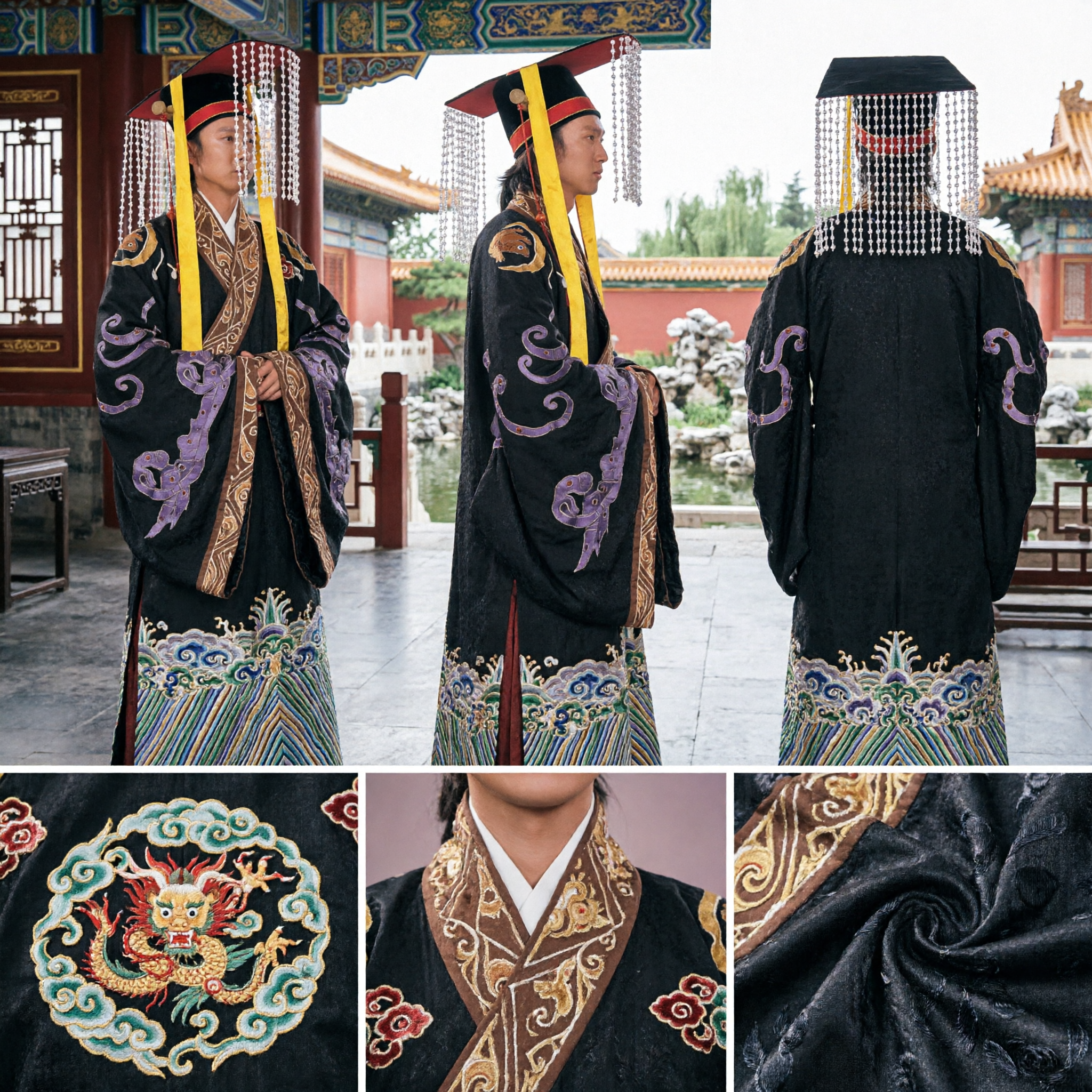 Antikes chinesisches Kaiser-Hanfu-Kostüm-Set mit Drachenrobe und Perlen-Mian-Krone für Männer Historisches Cosplay - Asian Costume