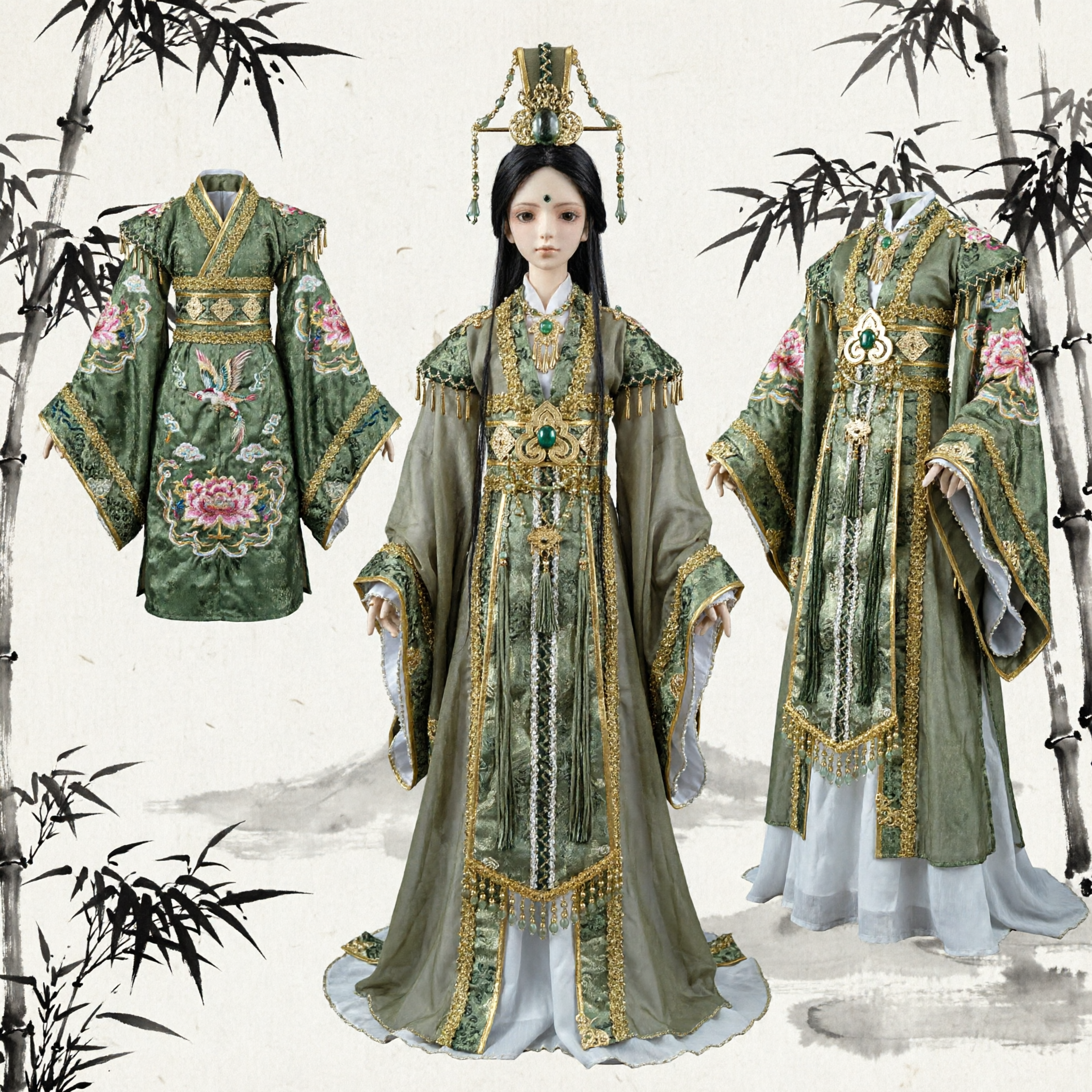 Wyszukany Tradycyjny Chiński Zestaw Sukni Hanfu dla Lalek BJD Starożytny Kostium Damy Dworskiej Zielony Złoty - Asian Costume