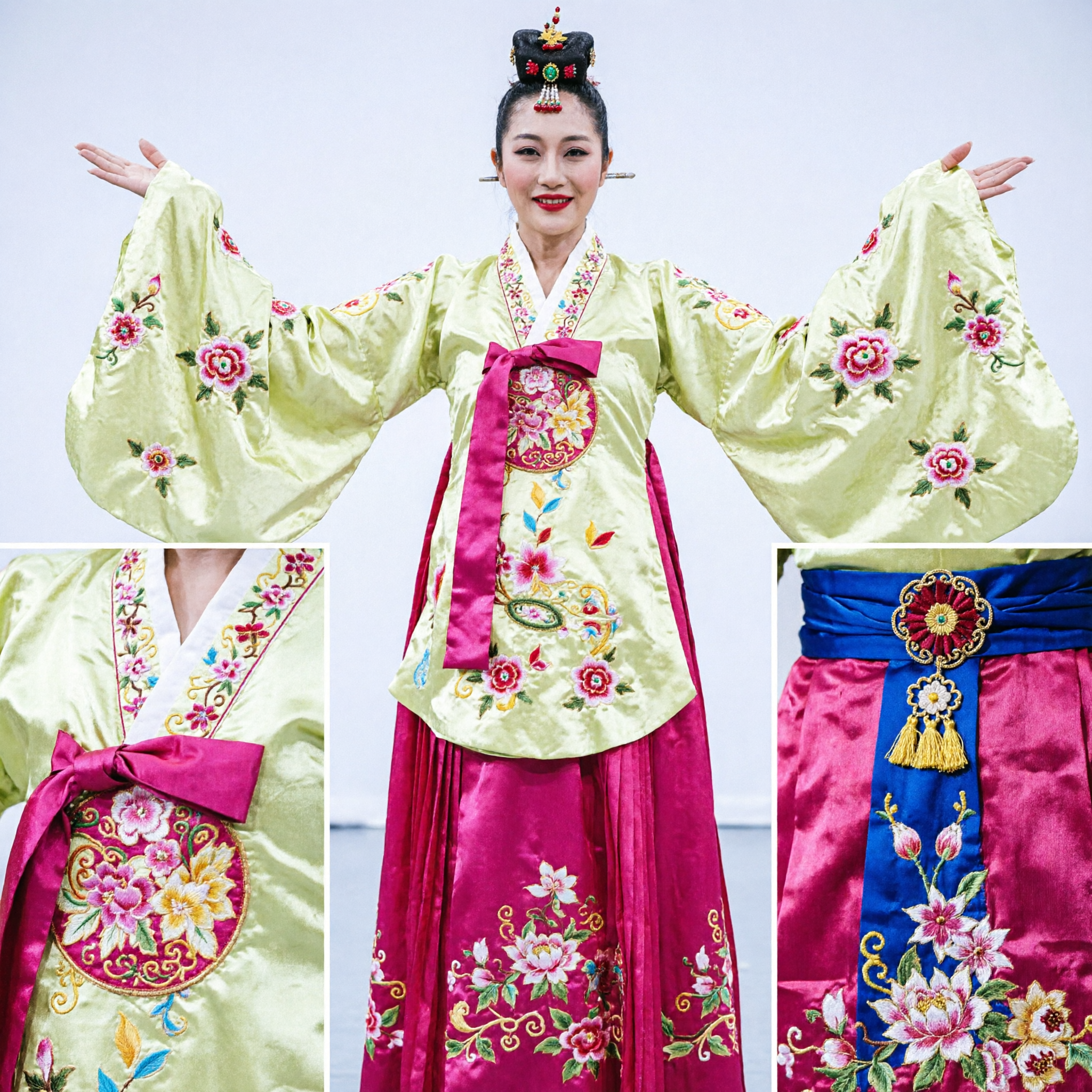 Traje de Danza Folclórica China Tradicional Vestido Hanfu de Danza con Abanicos con Abanicos Florales para Representación Escénica Femenina - Asian Costume
