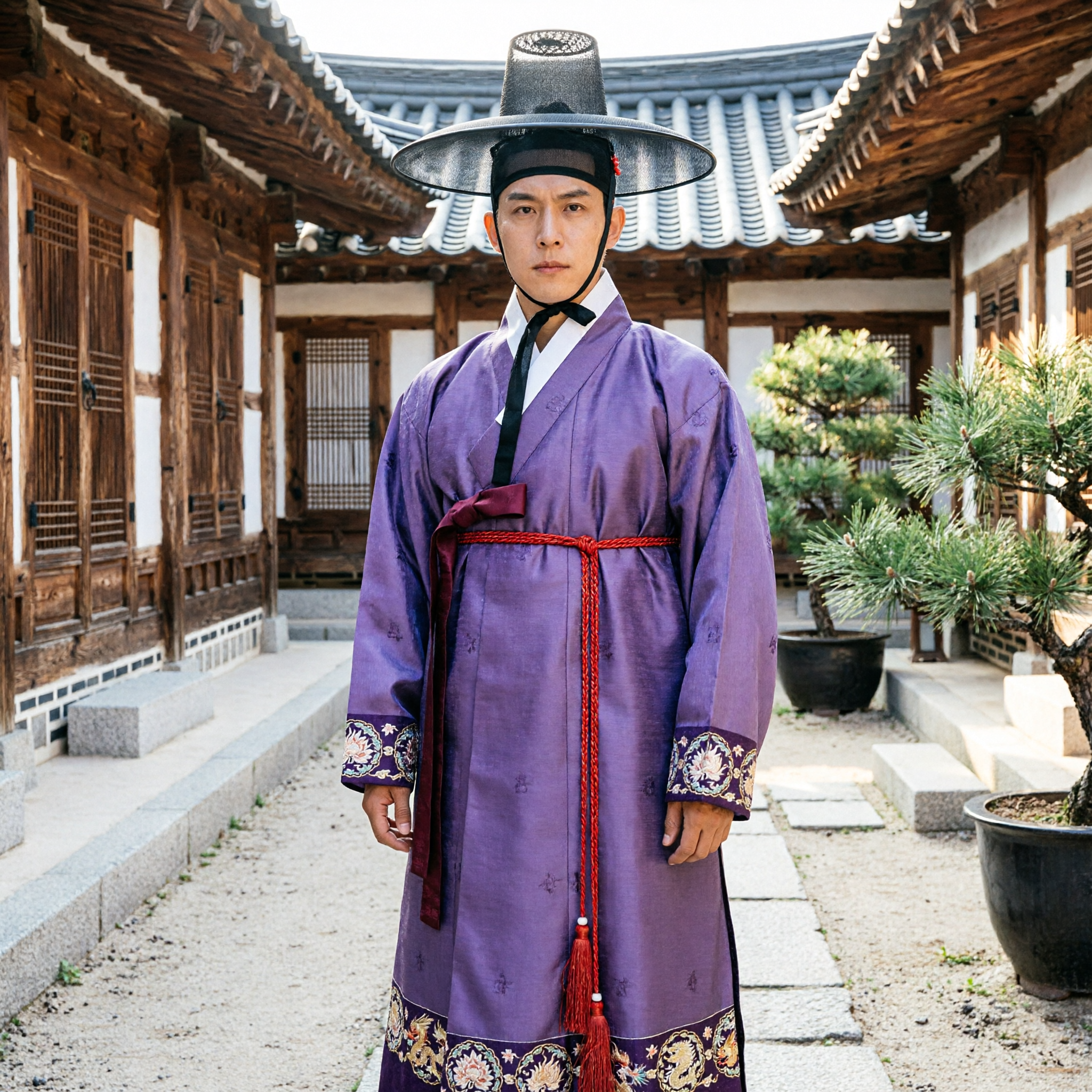 Men's Traditional Korean Hanbok Purple Scholar Robe Dopo Costume with Gat Hat for Cultural Events - Asian Costume