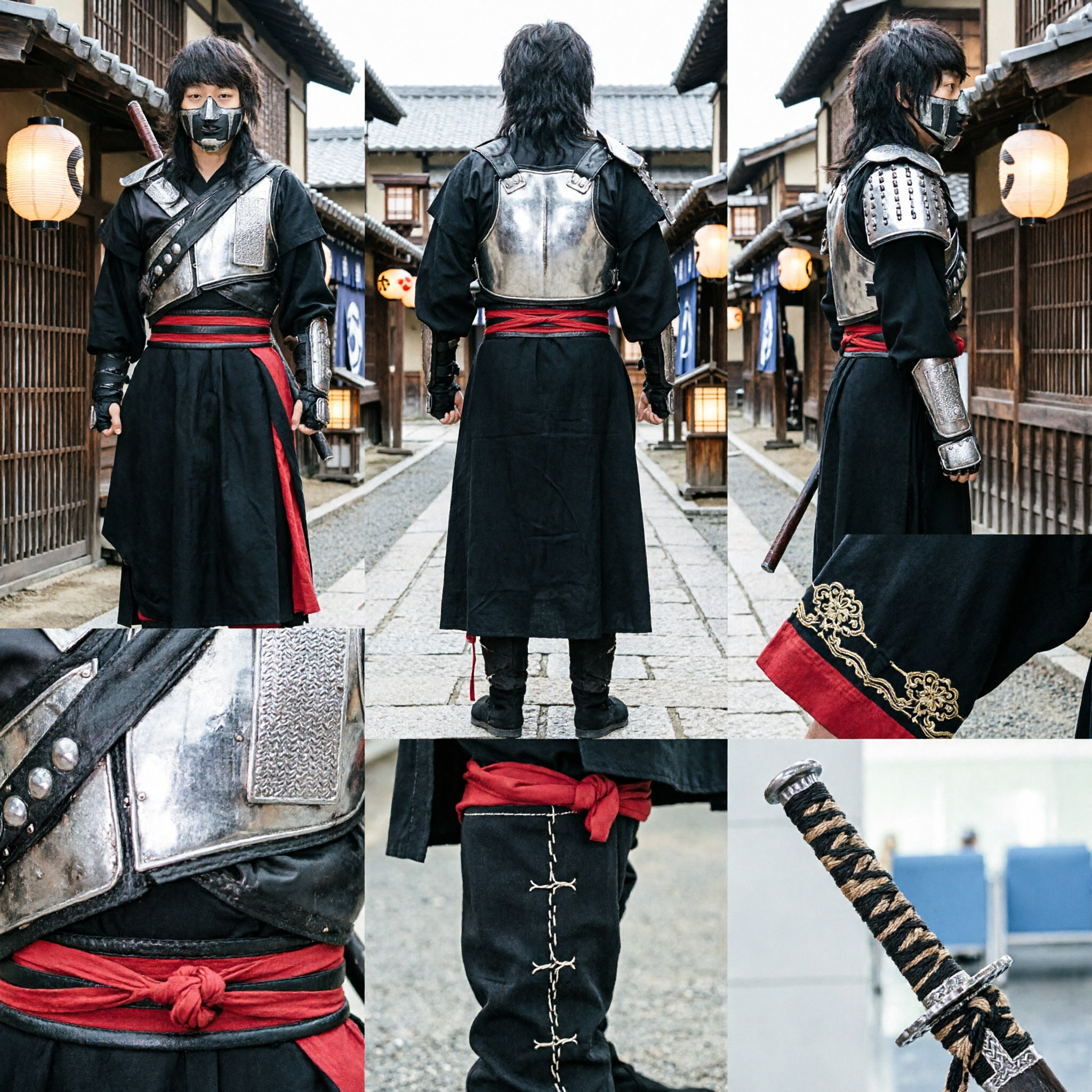 고대 중국 암살자 전사 복장 블랙 닌자 로브 실버 아머 포함 남성 코스프레 무대 공연 - Asian Costume