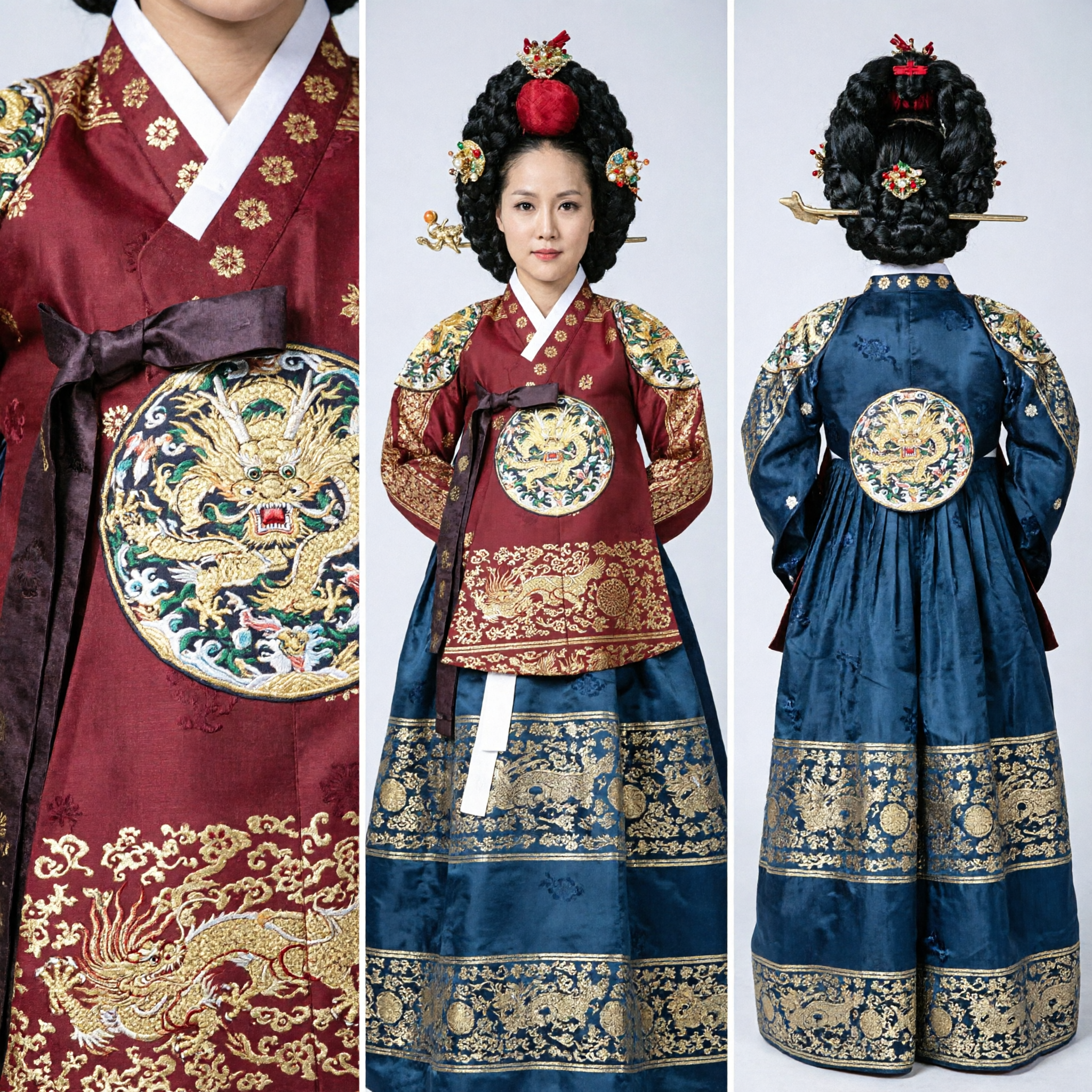 Koninklijke Hofstijl Koreaanse Hanbok Traditionele Jurk Rood en Blauw Geborduurde Bruidsjurk voor Vrouwen - Asian Costume