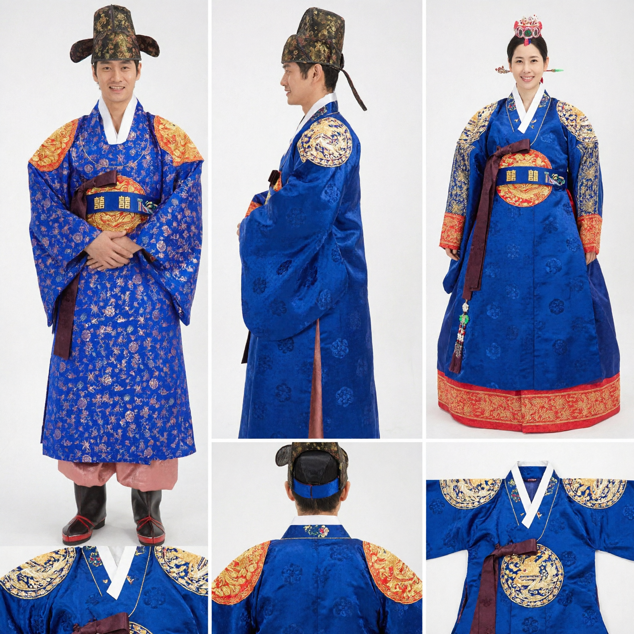 Ensemble de mariage Hanbok coréen traditionnel premium, robe de marié bleu royal et robe de mariée Hwarot rouge - Asian Costume
