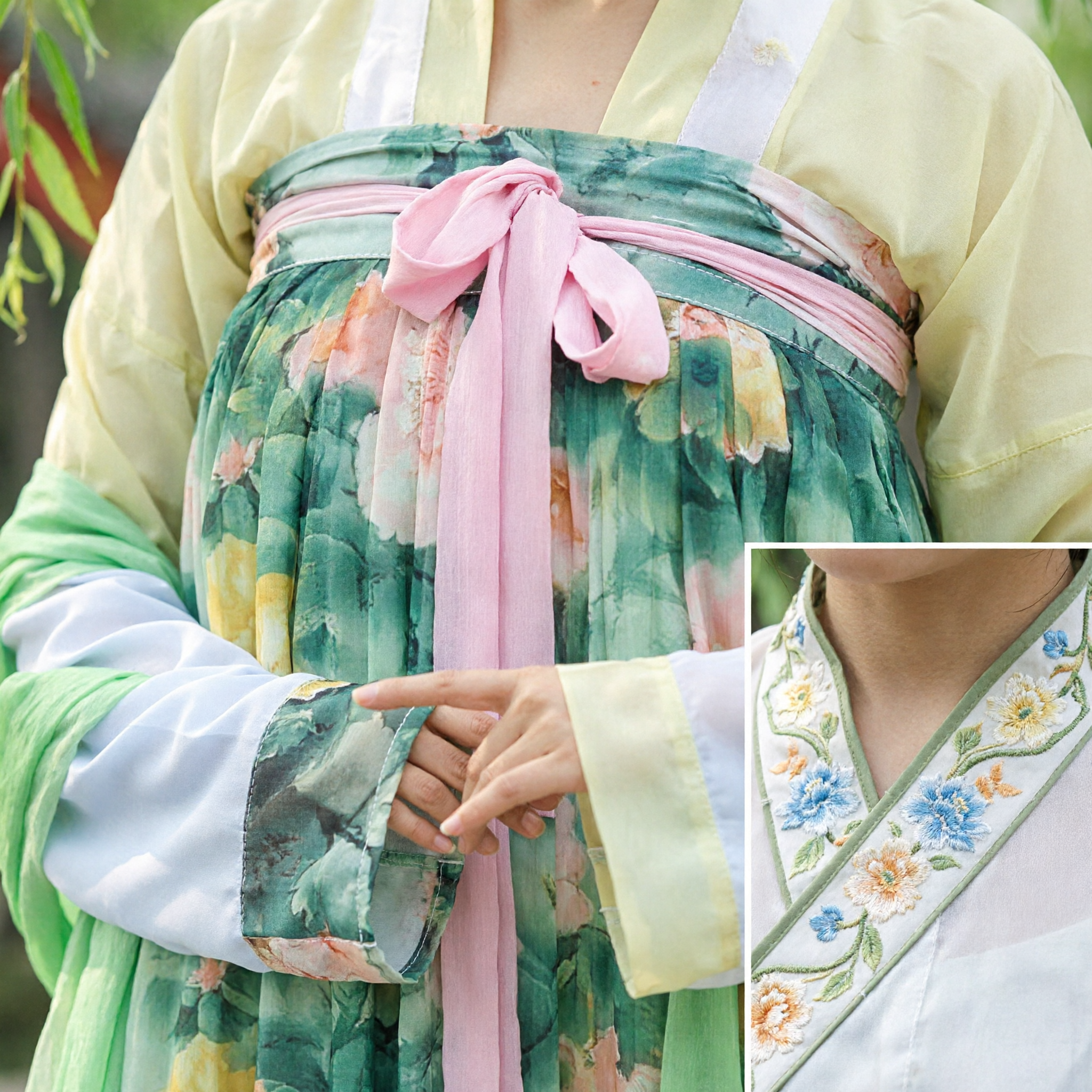 Elegant Green Floral Tang Dynasty Hanfu Qixiong Ruqun Set Traditional Chinese Clothing for Women - Asian Costume