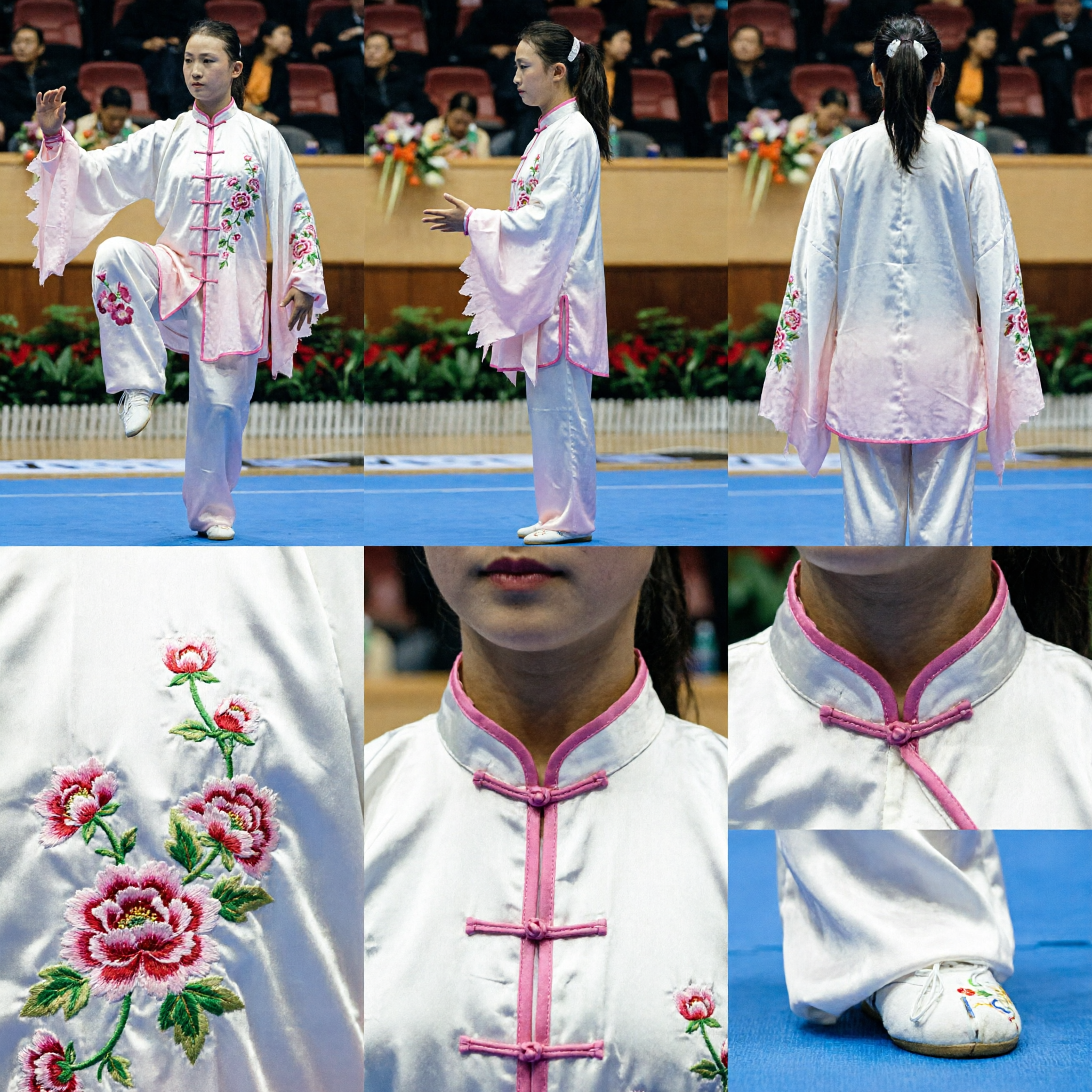 Women's White Silk Tai Chi Uniform with Pink Floral Embroidery for Kung Fu Wushu Competition Performance - Asian Costume