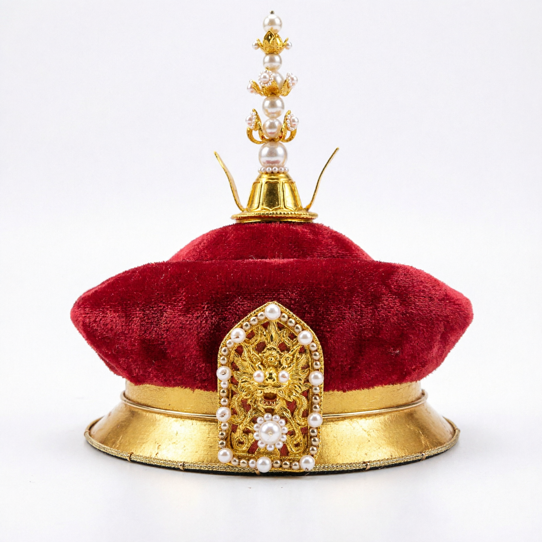 Cappello Ufficiale Tradizionale della Dinastia Qing Cinese in Velluto Rosso con Finial Dorato e Perla Copricapo per Costume Imperiale - Asian Costume