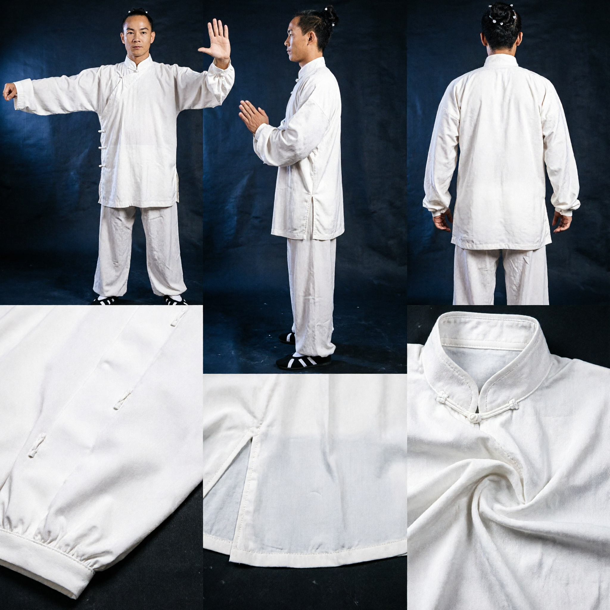 Uniforme de Tai Chi Kung Fu de Algodão Branco Premium para Homens, Conjunto Tradicional Chinês de Artes Marciais Tang Suit - Asian Costume