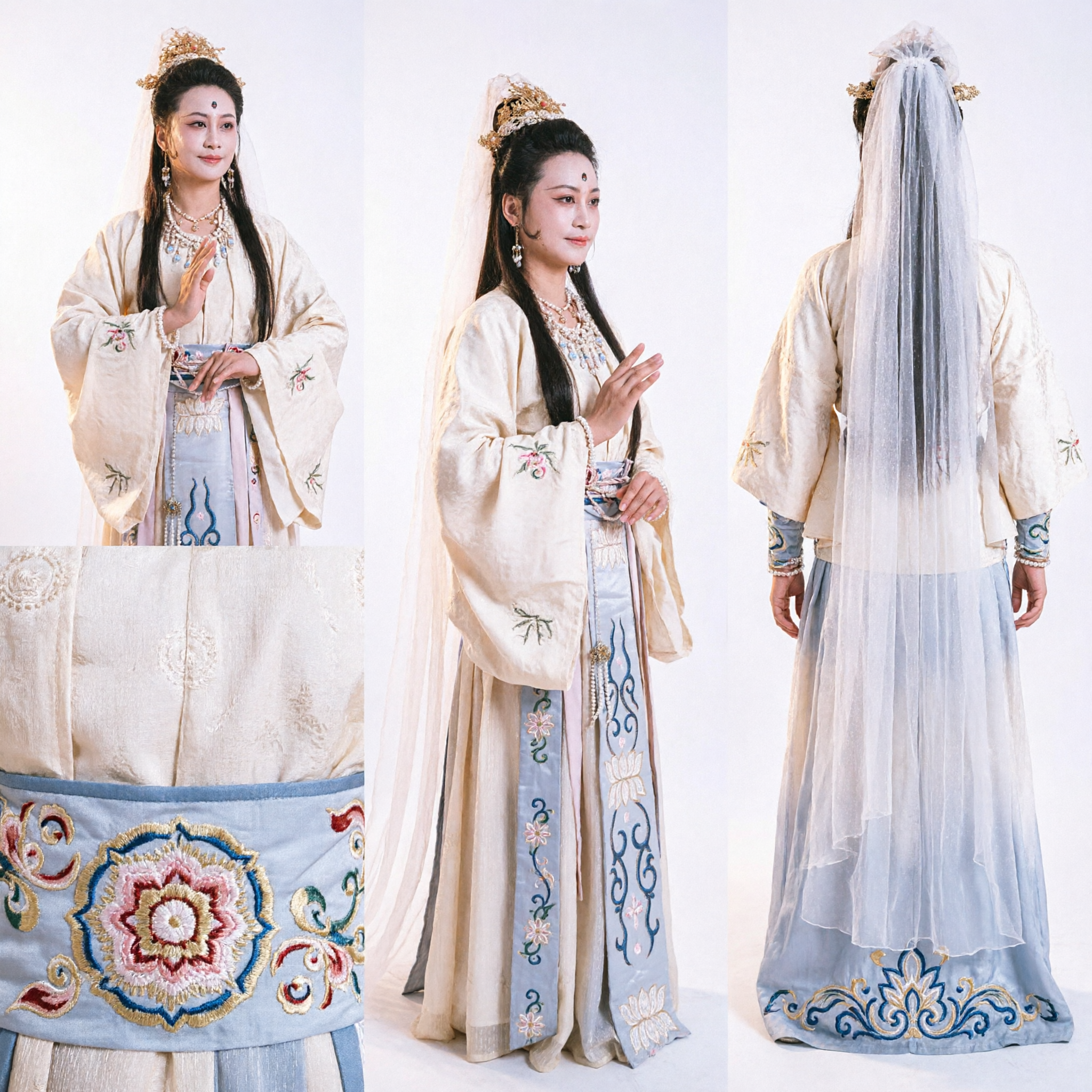 Traditionelles chinesisches Guanyin-Göttin-Kostüm Weiße-besticktes Hanfu für Bühnenaufführung und Cosplay - Asian Costume