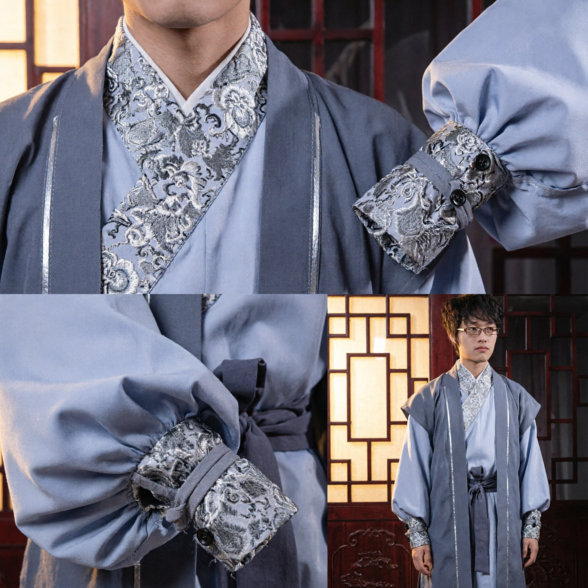 Herren-Traditionelles chinesisches Hanfu Antikes Gelehrtenkostüm Blau-Graues Kreuzkragen-Gewand für Cosplay und Kulturvorführung - Asian Costume