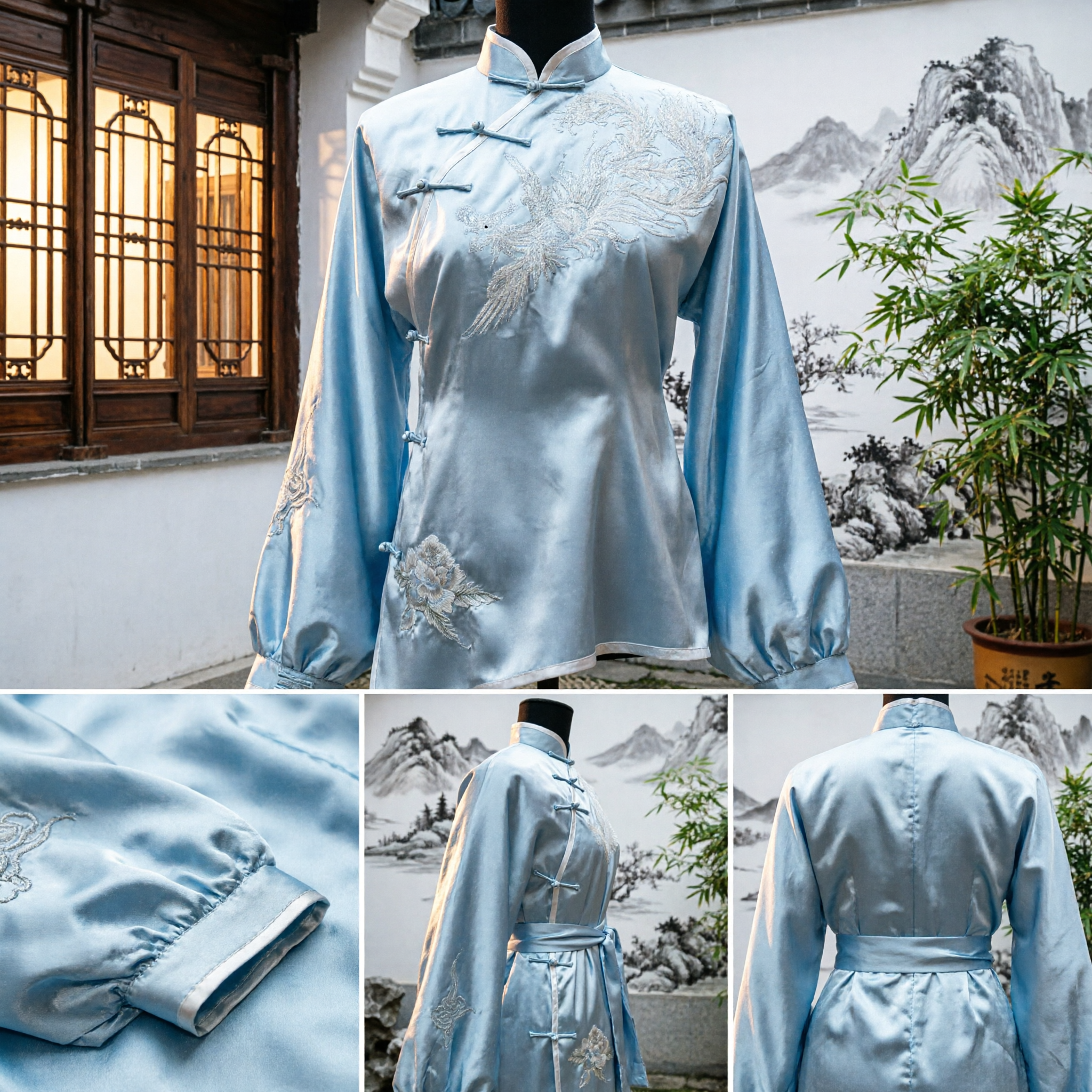 Uniforme de Tai Chi en soie bleu clair élégant pour femmes - Costume traditionnel chinois de Kung Fu avec broderie de phénix - Asian Costume