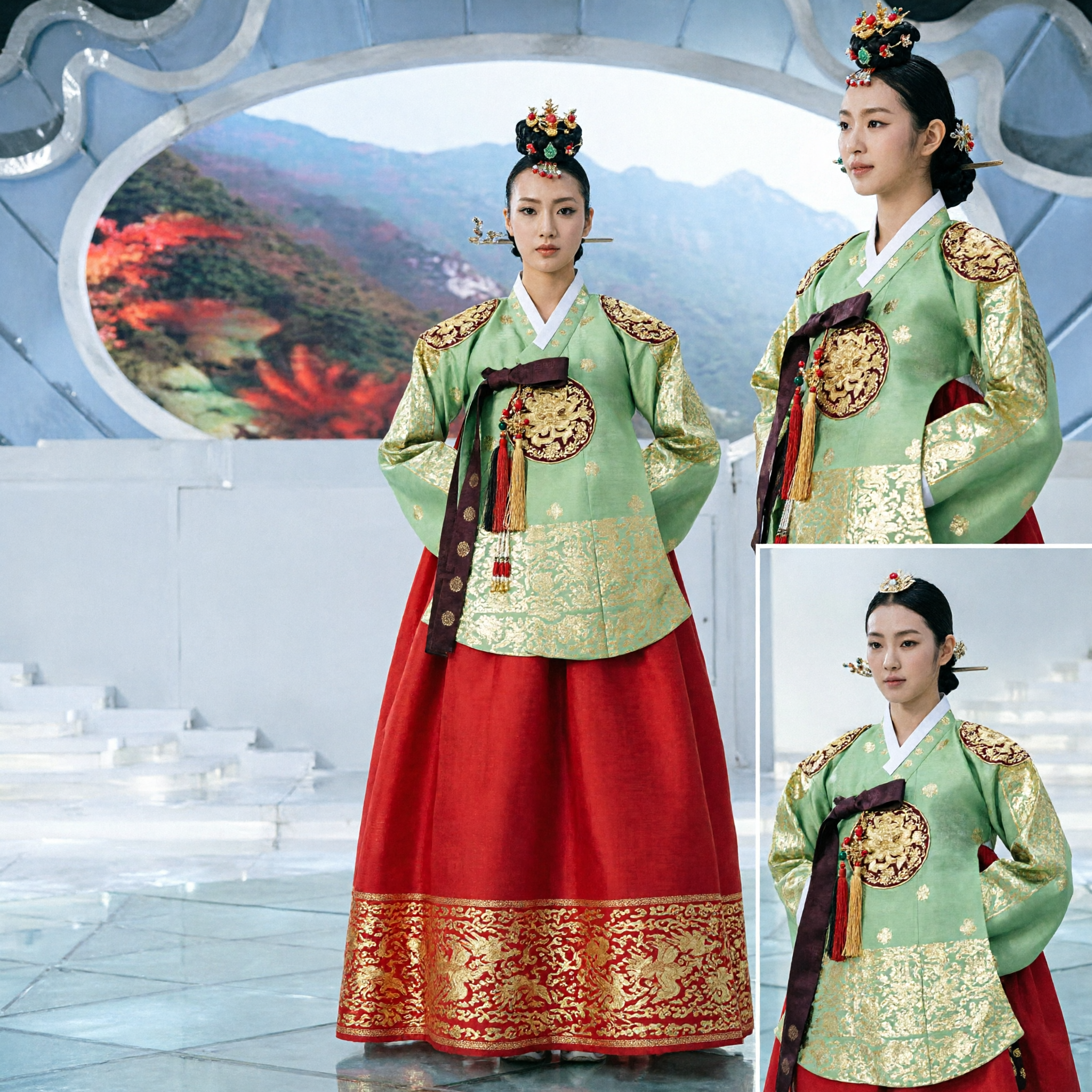 Elegante Hanbok Tradicional Coreano para Mujer Jeogori Verde Bordado y Chima Rojo Traje de Boda de Palacio - Asian Costume