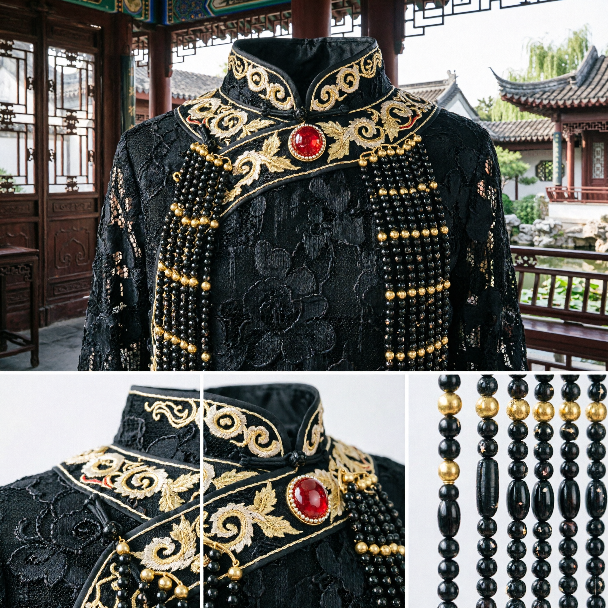 Couronne d'Empereur Ancien Chinois Chapeau Mianliu Noir Perlé avec Broderie de Dragon Coiffe Traditionnelle Hanfu pour Cosplay Homme - Asian Costume