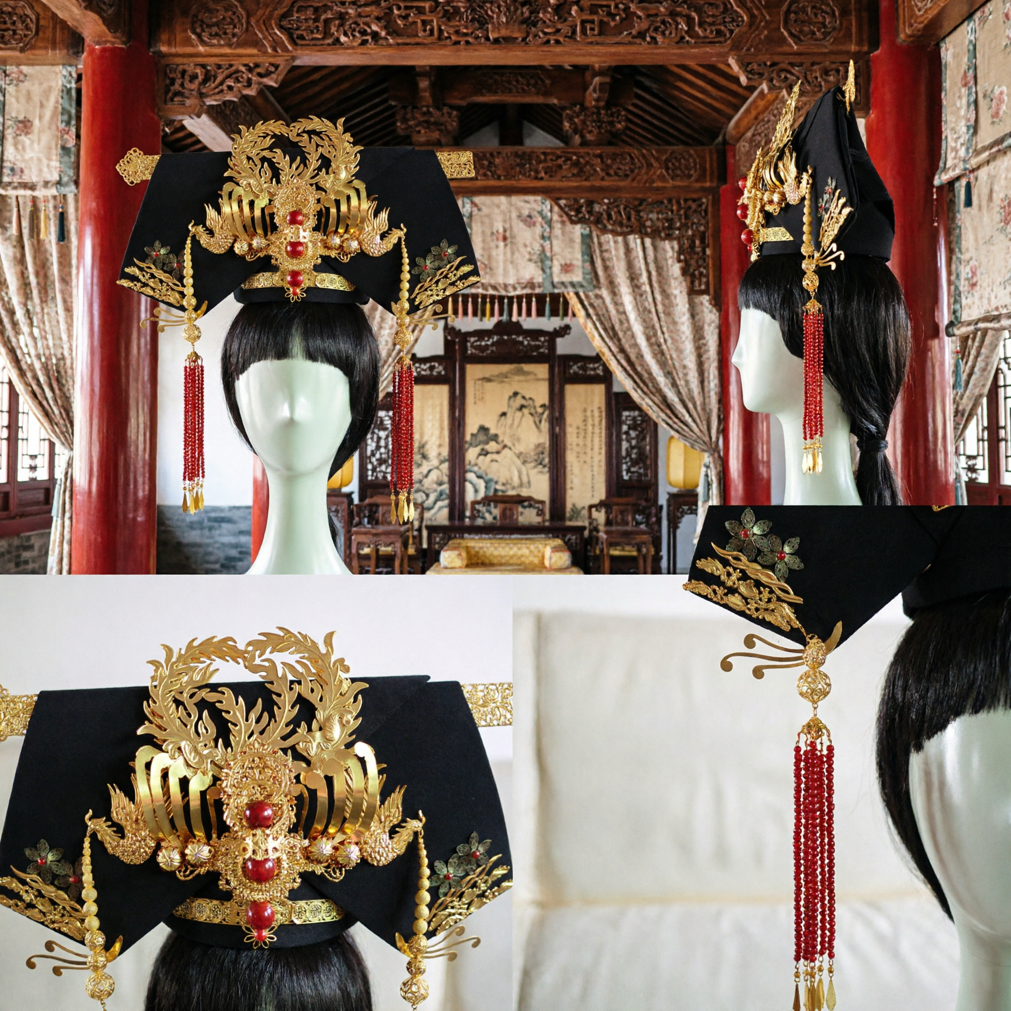 精巧な伝統的中国婚礼鳳凰冠 金色漢服髪飾り 古代花嫁頭飾り 鳳冠 - Asian Costume