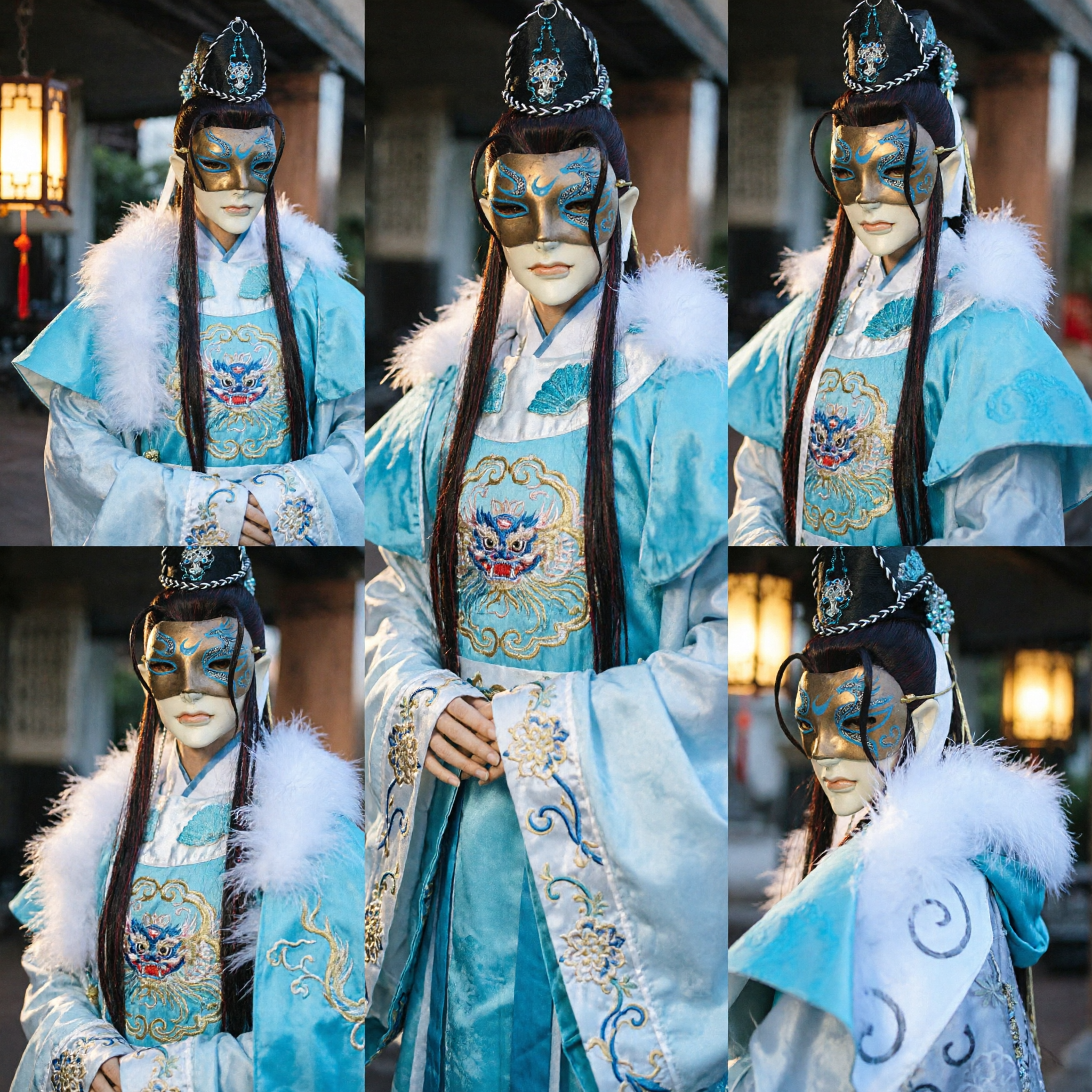 Meia Máscara de Dragão Azul Tradicional Chinesa Antiga e Chapéu Preto Trançado para Cosplay de Wuxia - Asian Costume