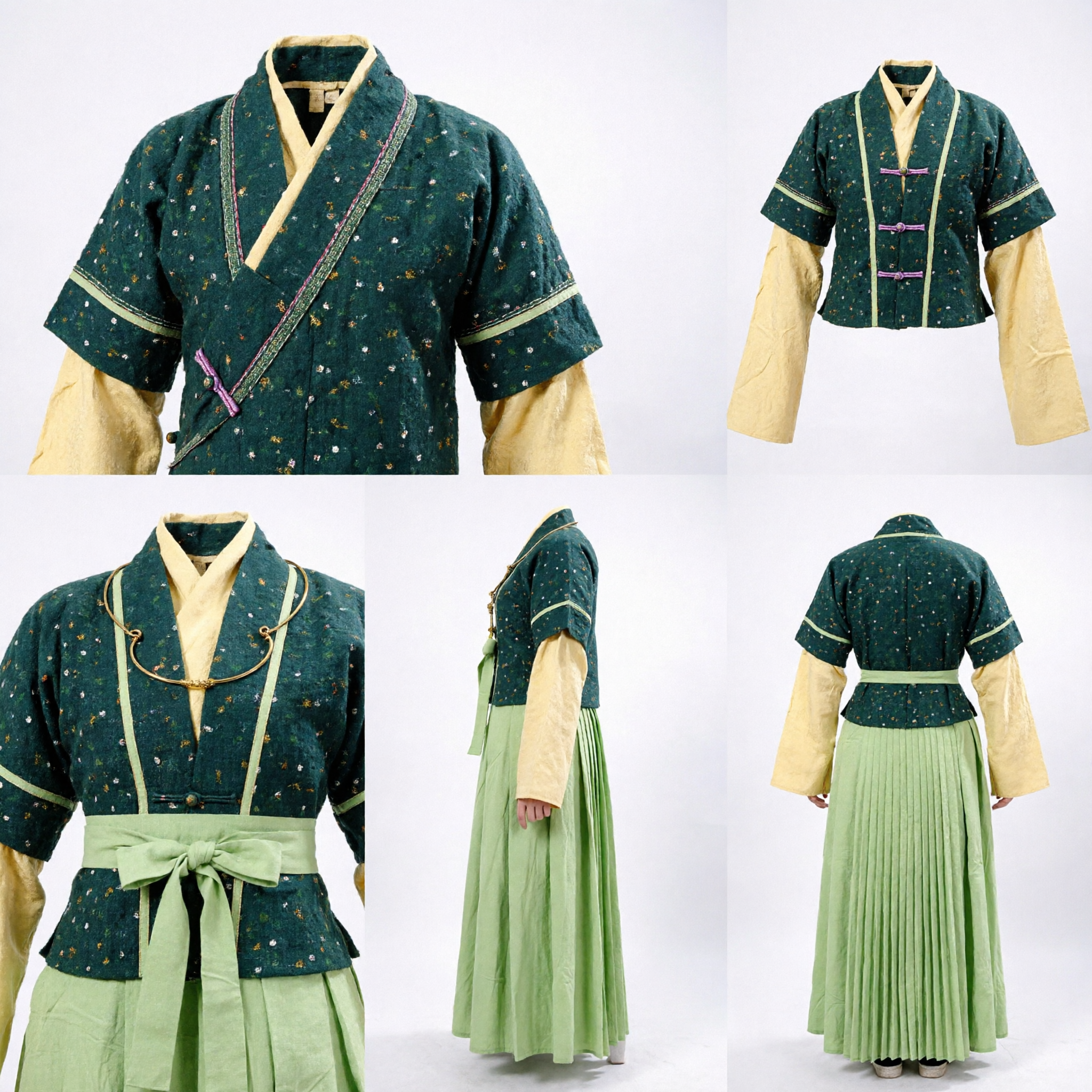 Traje Tradicional Hanfu Chinês para Mulheres com Casaco Padronizado Verde e Mangas Amarelas para Roupas Antigas de Performance - Asian Costume