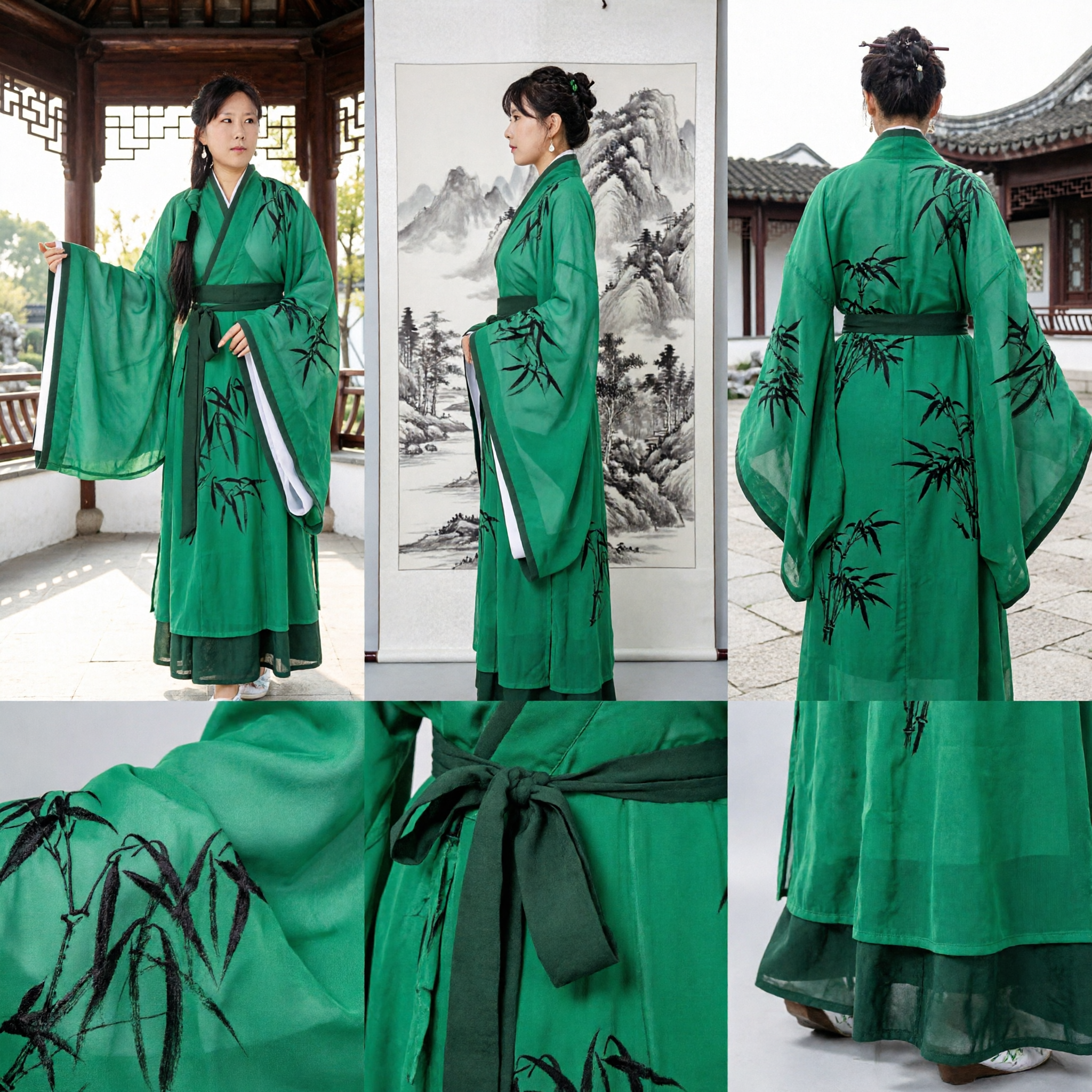 Traje Tradicional Hanfu Chinês Antigo para Mulheres com Pintura de Bambu e Tinta Verde para Cosplay e Performance - Asian Costume