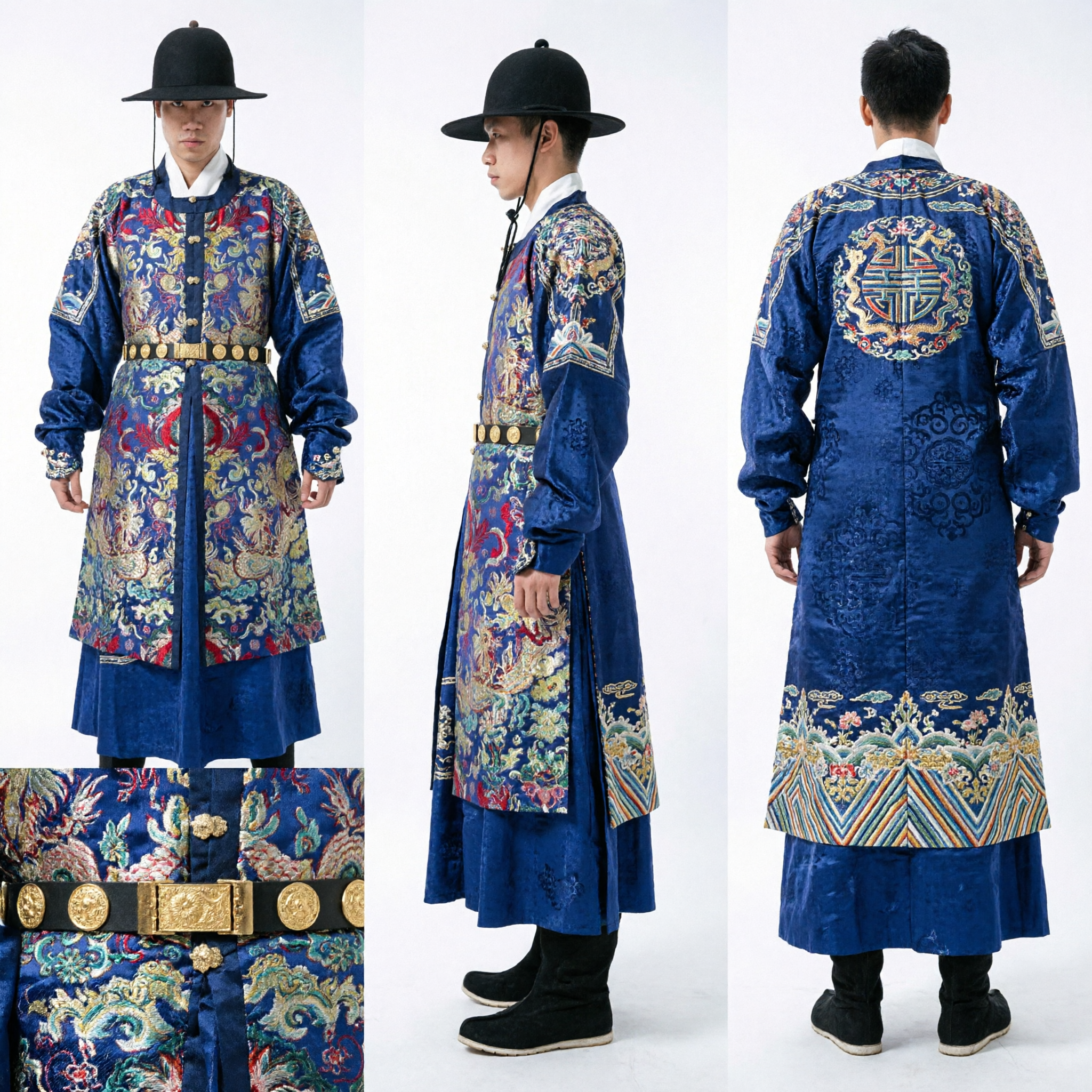 Männer Koreanisches traditionelles Königswachen-Hanbok-Kostüm Blau besticktes Joseon-Dynastie-Palastuniform für Cosplay - Asian Costume