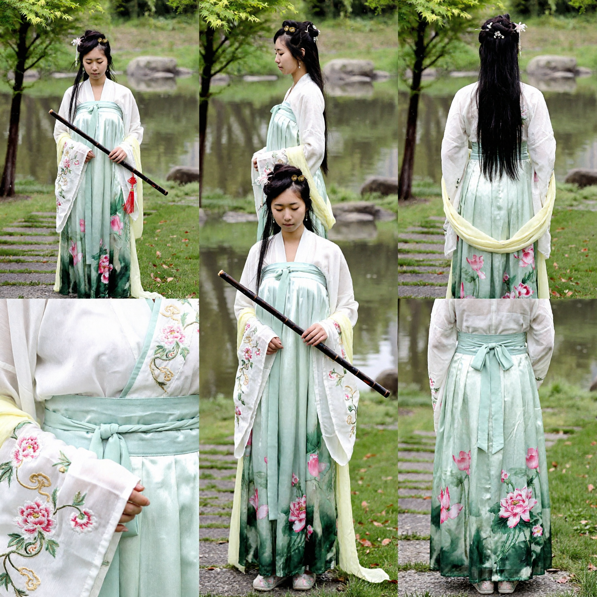 Traje Hanfu Tradicional Chinês Elegante para Mulheres, Vestido Antigo com Estampa de Lótus Verde para Cosplay e Performance no Palco - Asian Costume
