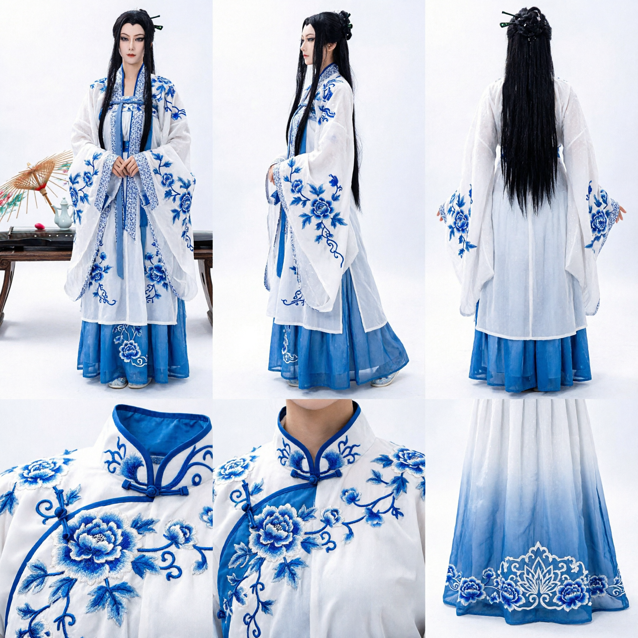 Traditionelles chinesisches Männer-Hanfu Antikes Gelehrtenkostüm Blau-Weiß besticktes Gewand für Cosplay und Auftritte - Asian Costume