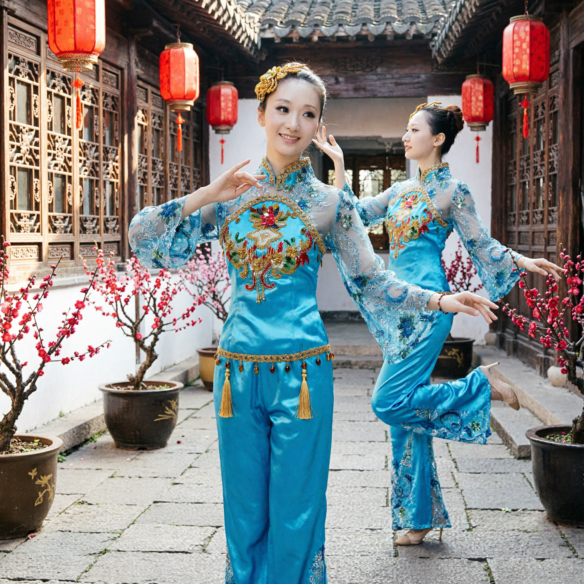 Frauen Blaues chinesisches traditionelles Tanzkostüm Volkstanz-Auftrittsoutfit mit Blumenstickerei für die Bühne - Asian Costume