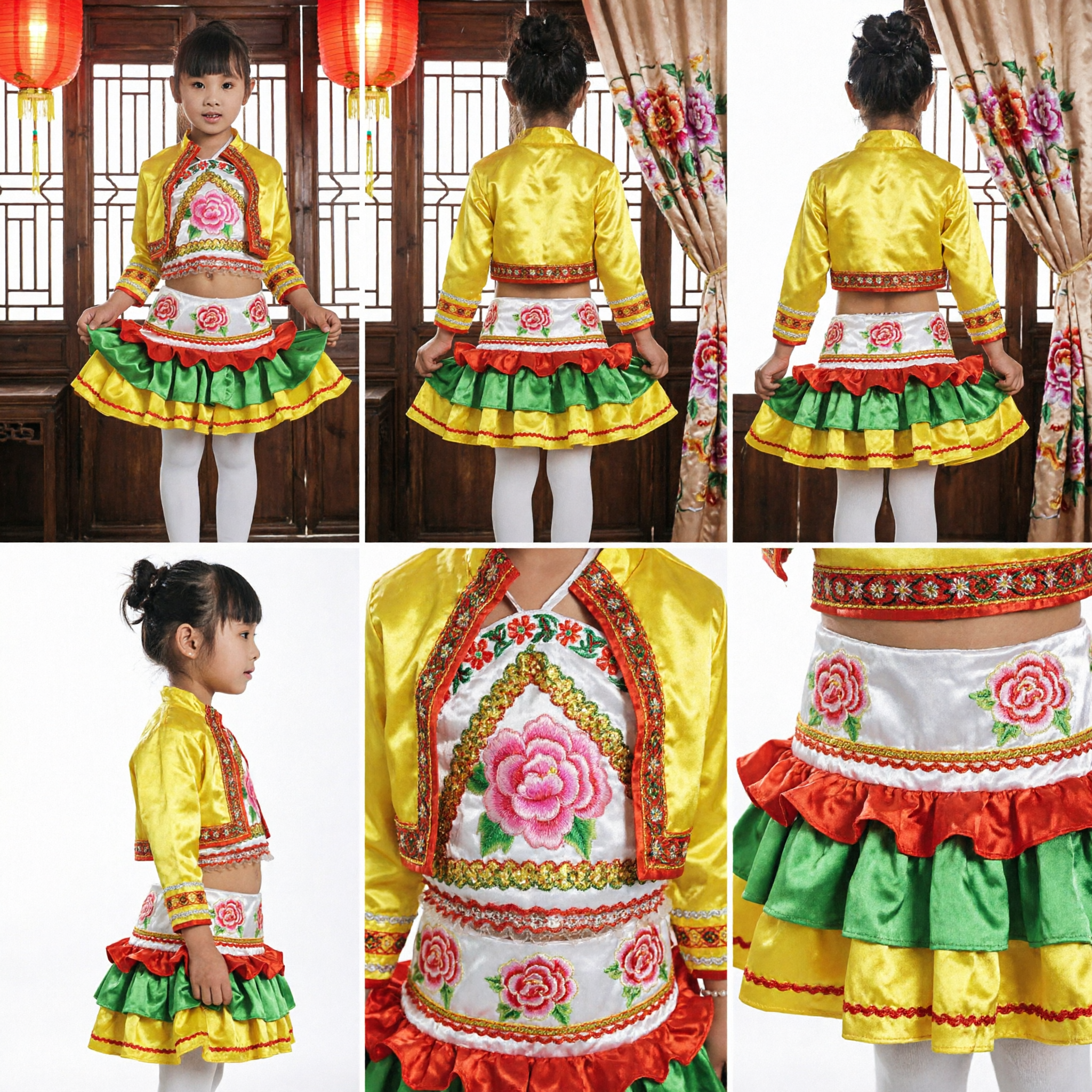 Costume Tradizionale Cinese per Danza Folkloristica per Bambine, Set Top Giallo Ricamato Floreale e Gonna a Balze per Spettacoli sul Palco - Asian Costume