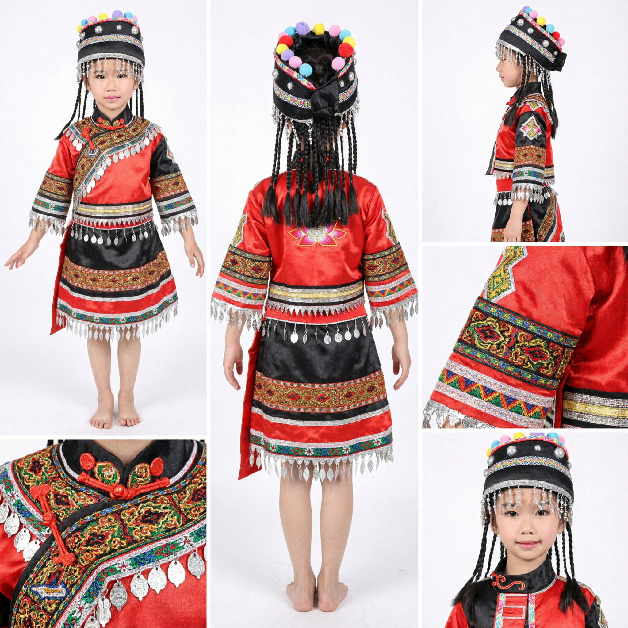 Costume Tradizionale dell'Etnia Miao (Hmong) Cinese per Bambine, Abito Folkloristico da Danza con Gioielli d'Argento - Asian Costume