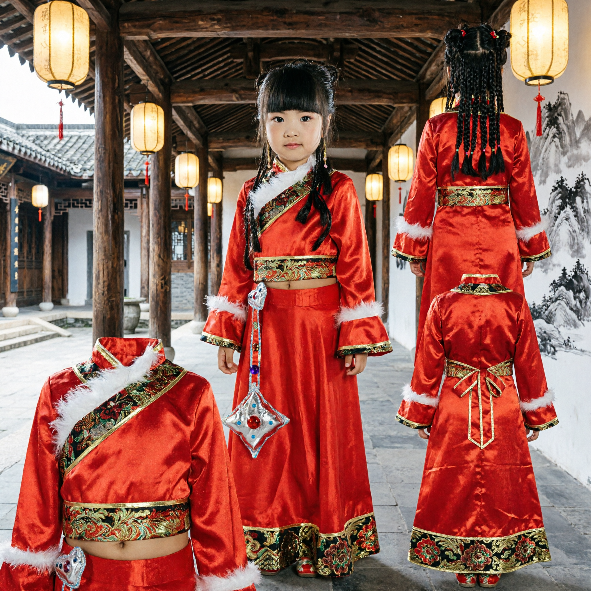 Costume de danse tibétaine chinoise traditionnelle rouge pour enfants filles, ensemble de scène folklorique ethnique avec accessoires - Asian Costume