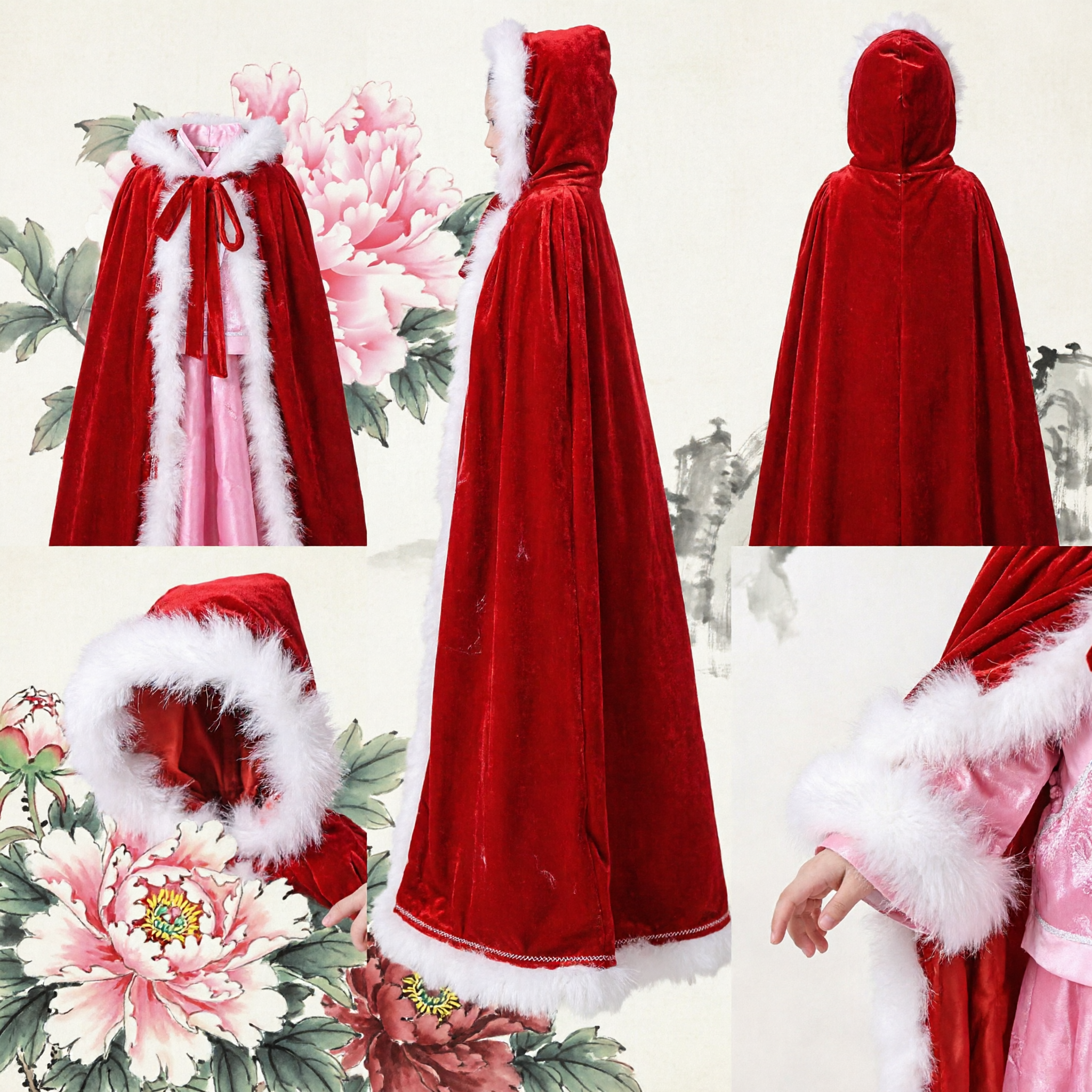 전통 중국 빨간색 벨벳 망토 흰색 퍼 트림 소녀 한푸 겨울용 케이프 어린이용 - Asian Costume