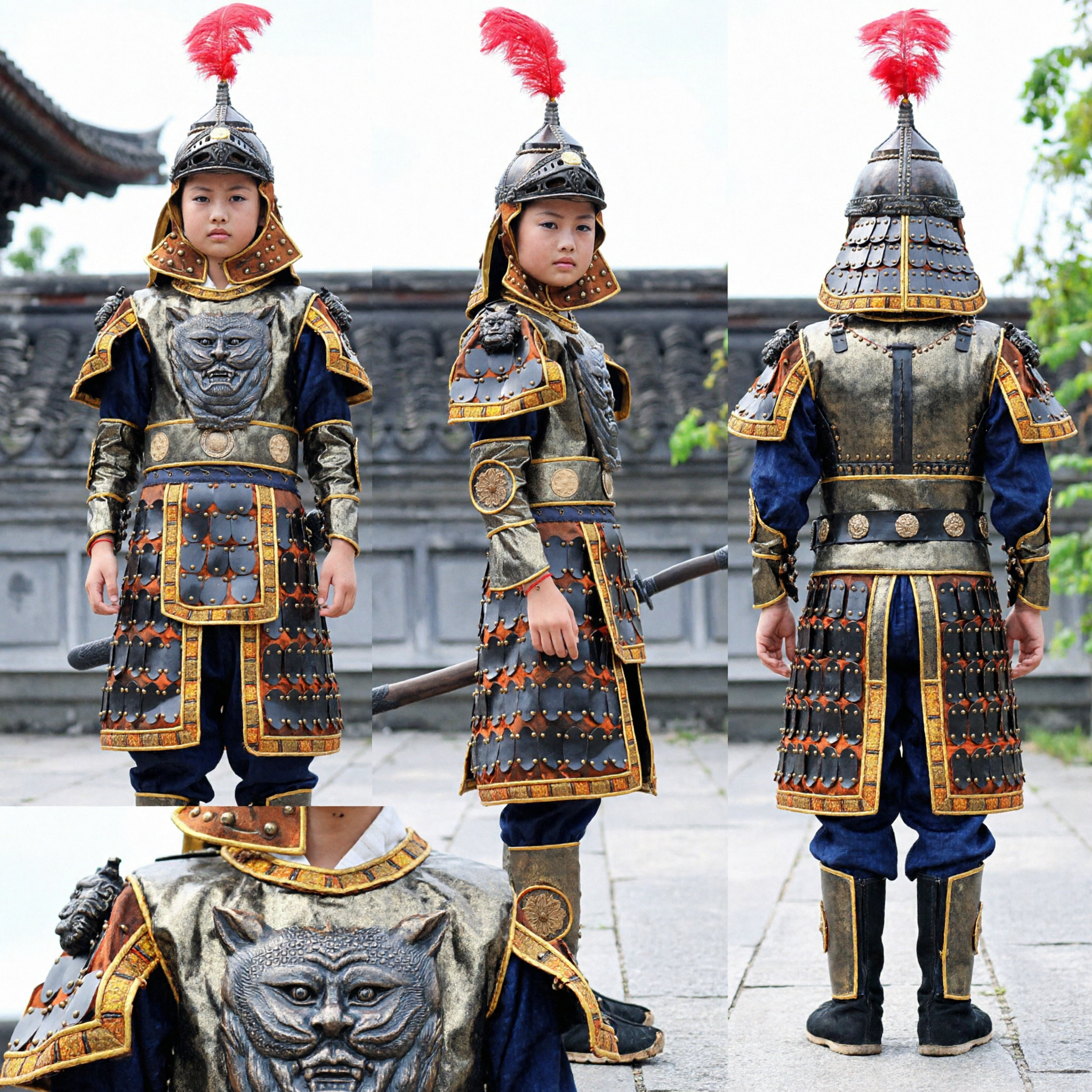 어린이 고대 중국 장군 갑옷 의상 소년 전사 의상 전통 무대 공연 및 코스프레용 - Asian Costume