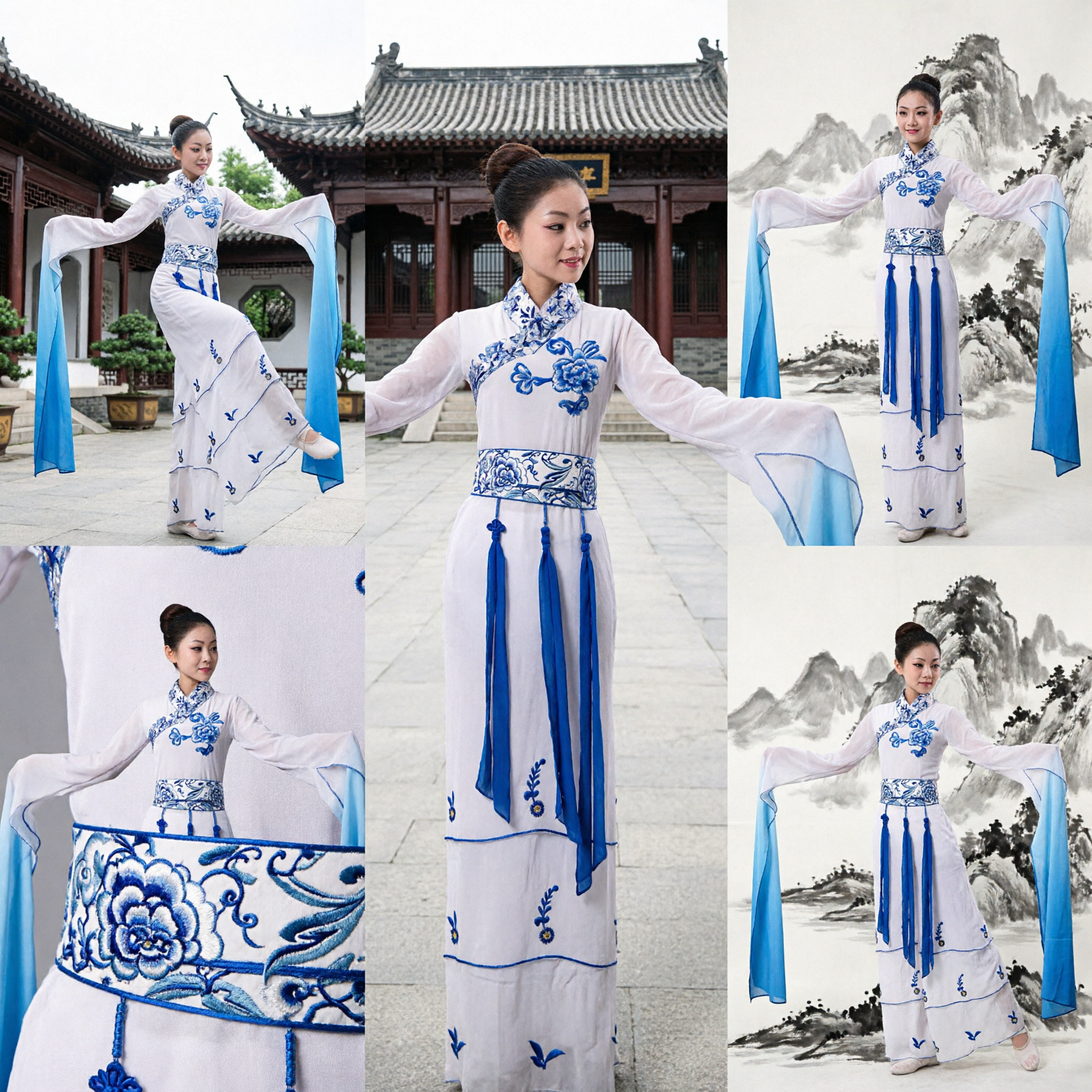 Chinese Classical Dance Costume Blue and White Porcelain Water Sleeves Stage Performance Dress for Women - Asian Costume