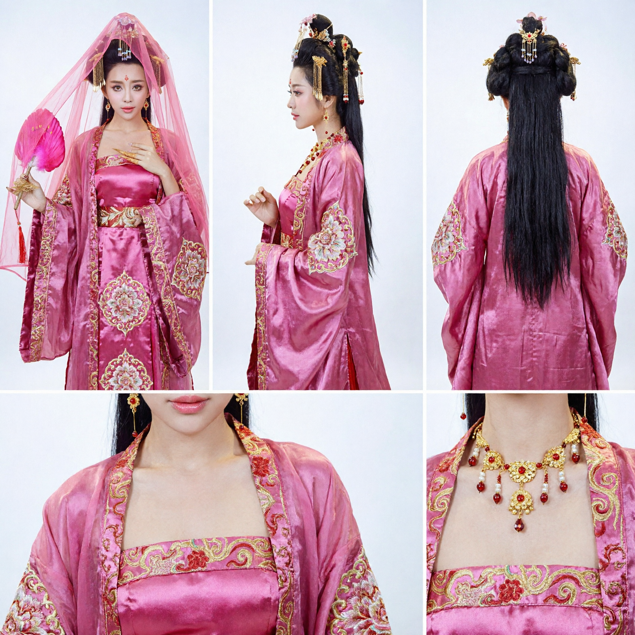 Costume Hanfu traditionnel chinois de princesse de la dynastie Tang pour femmes avec voile rose, éventail et bijoux capillaires dorés - Asian Costume