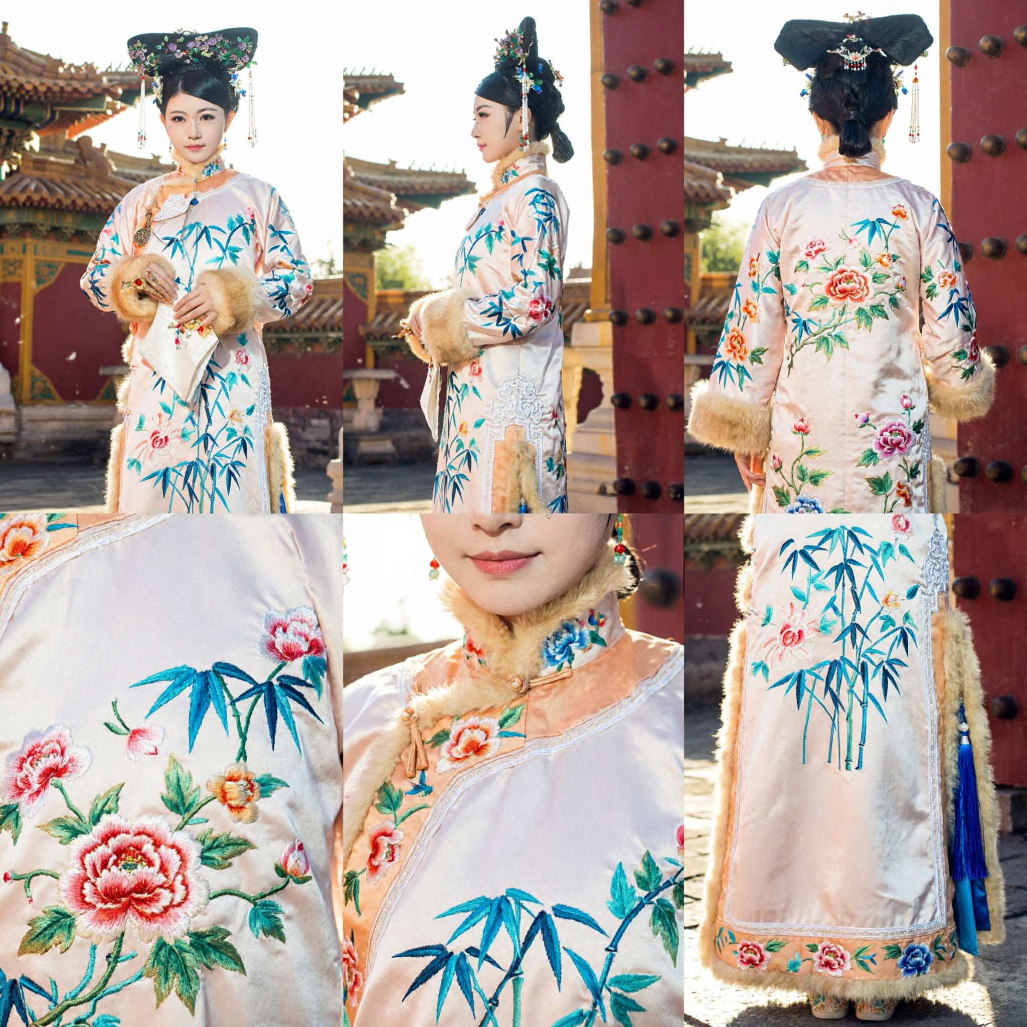 Costume exquis de princesse mandchoue de la dynastie Qing, robe traditionnelle chinoise de palais à broderie de bambou pour femmes - Asian Costume