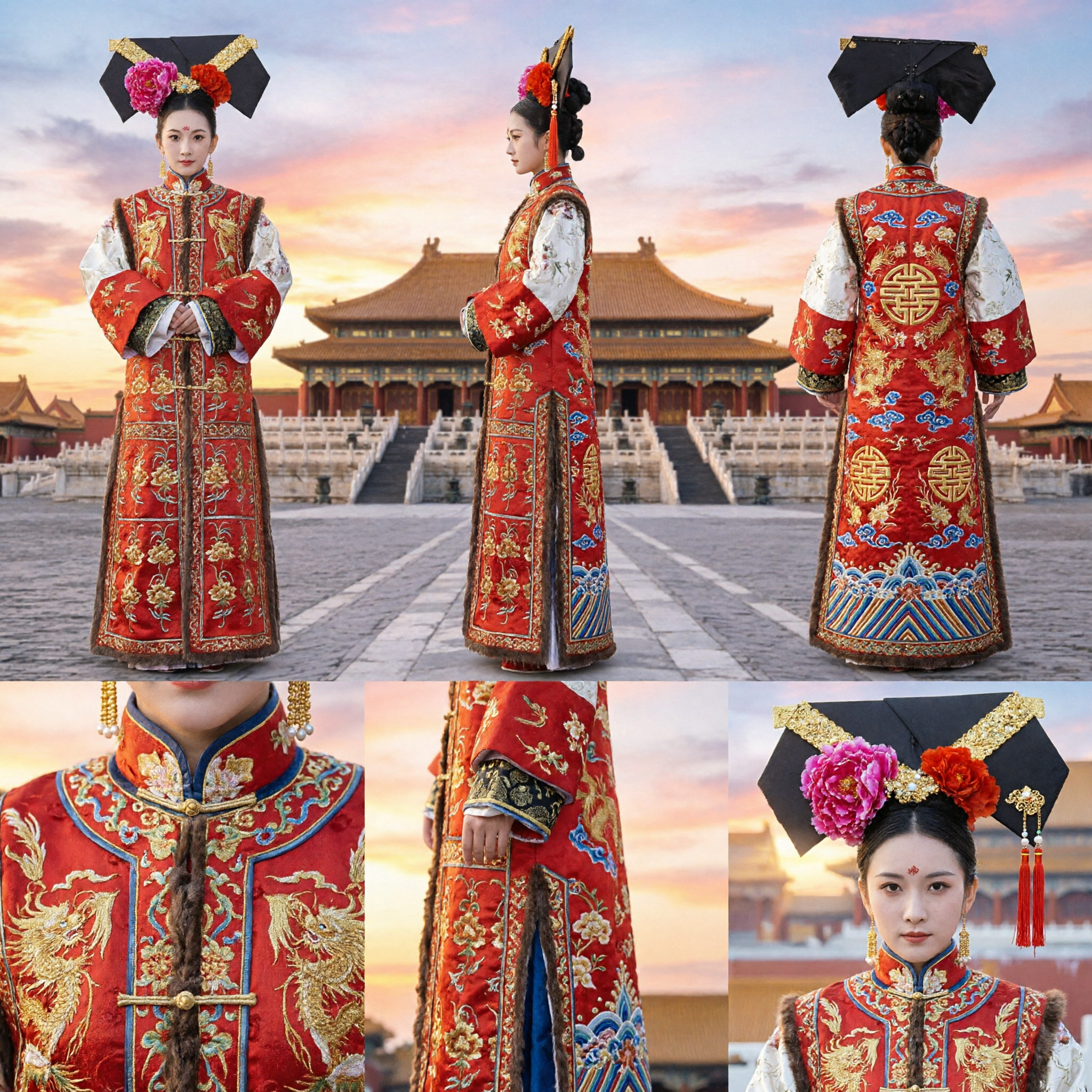 Costume traditionnel de l'impératrice de la dynastie Qing chinoise - Robe de palais mandchoue rouge brodée d'or pour femmes - Asian Costume
