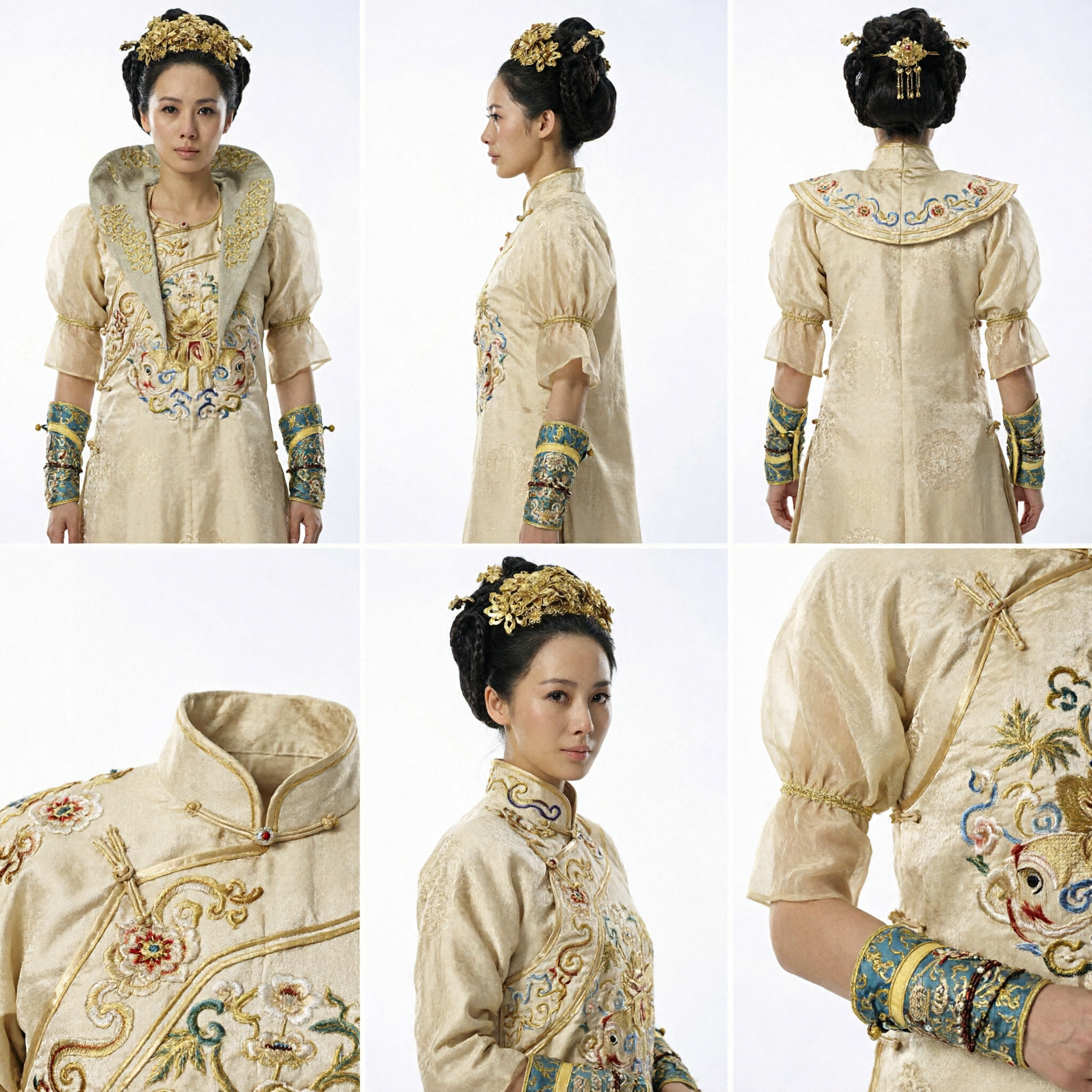 Conjunto Exclusivo de Coroa de Cabelo Dourada com Flores e Traje Hanfu Tradicional de Princesa Chinesa Antiga para Cosplay de Mulheres - Asian Costume