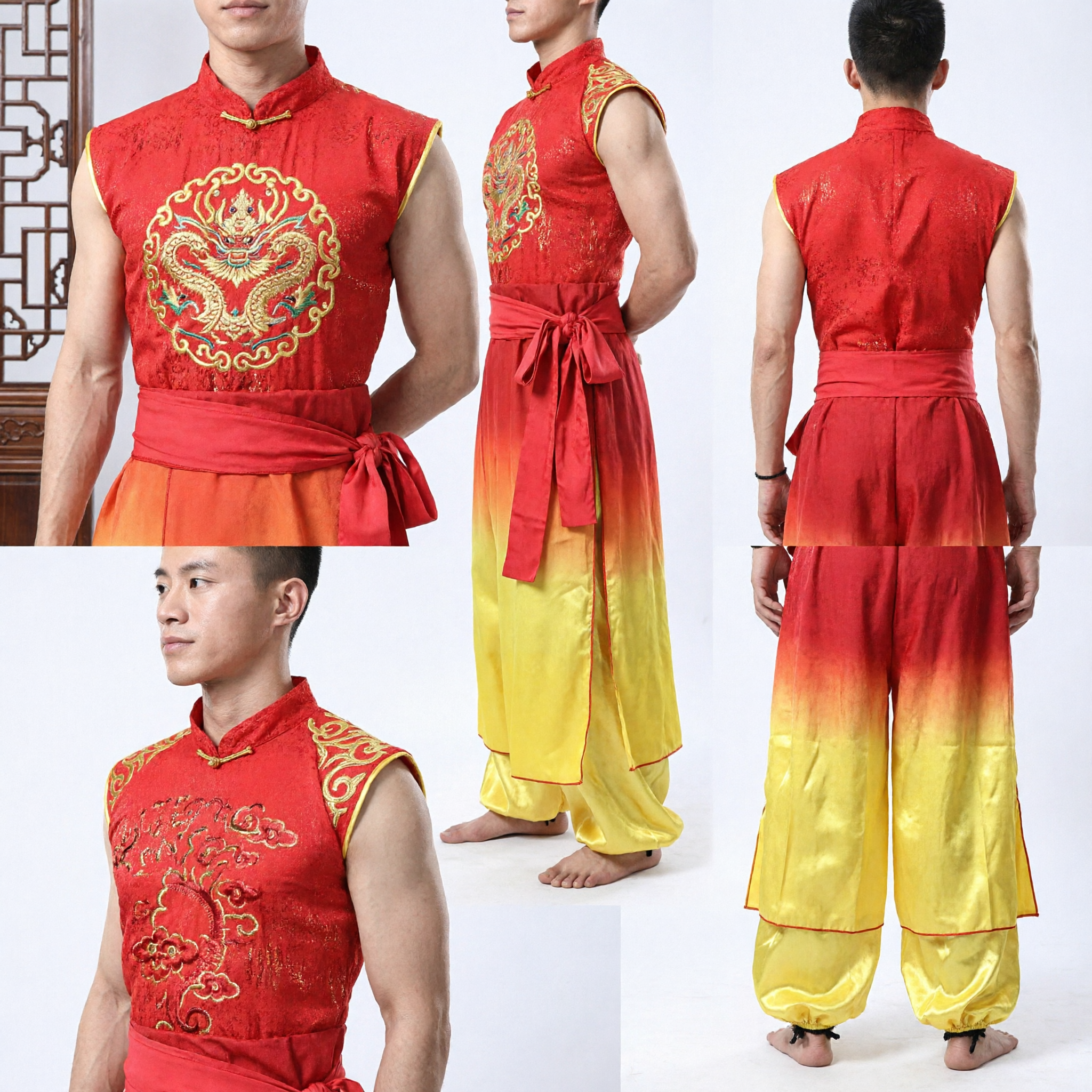 Heren Traditioneel Chinees Kung Fu Uniform Rood Mouwloos Geborduurd Topje met Geel Verlopende Zijden Broek Set - Asian Costume