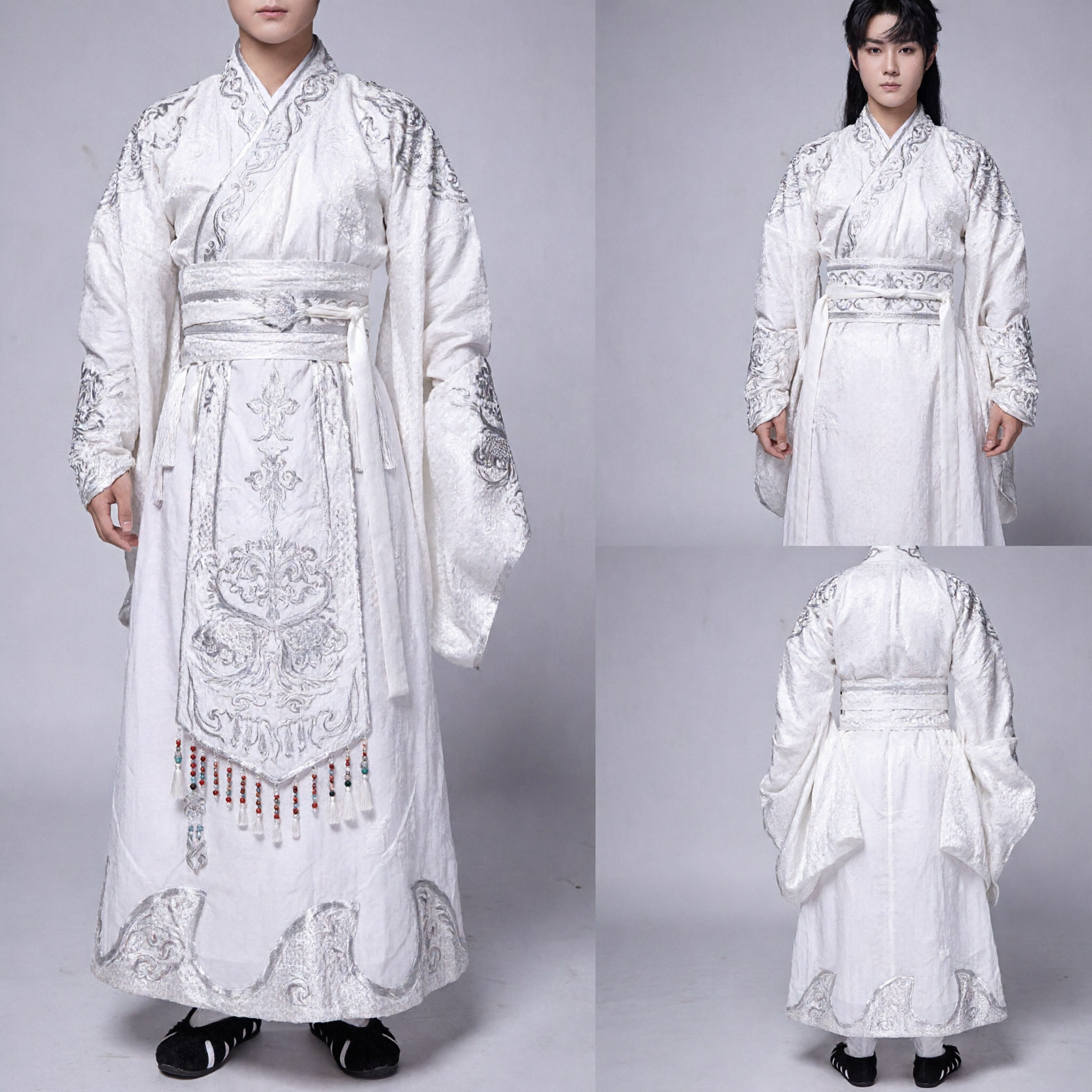 Antikes chinesisches Wuxia-Schwertkämpfer-Hanfu-Kostüm Männer Weiße bestickte Robe mit Schleierhut-Set - Asian Costume
