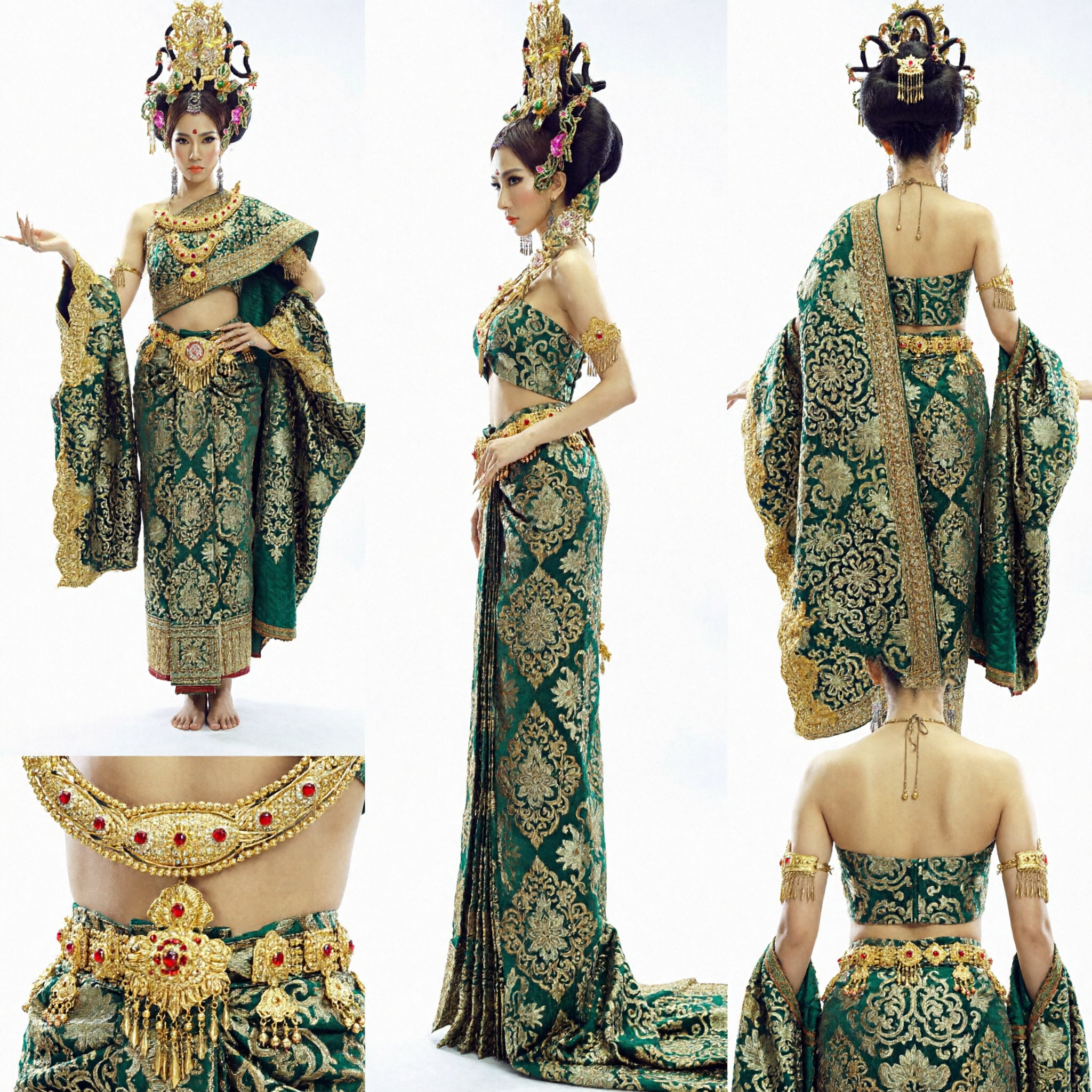 Traditionelles thailändisches Tanzkostüm für Frauen, grün-gold besticktes Kleid mit Kopfschmuck und Schmuckset für Auftritte - Asian Costume