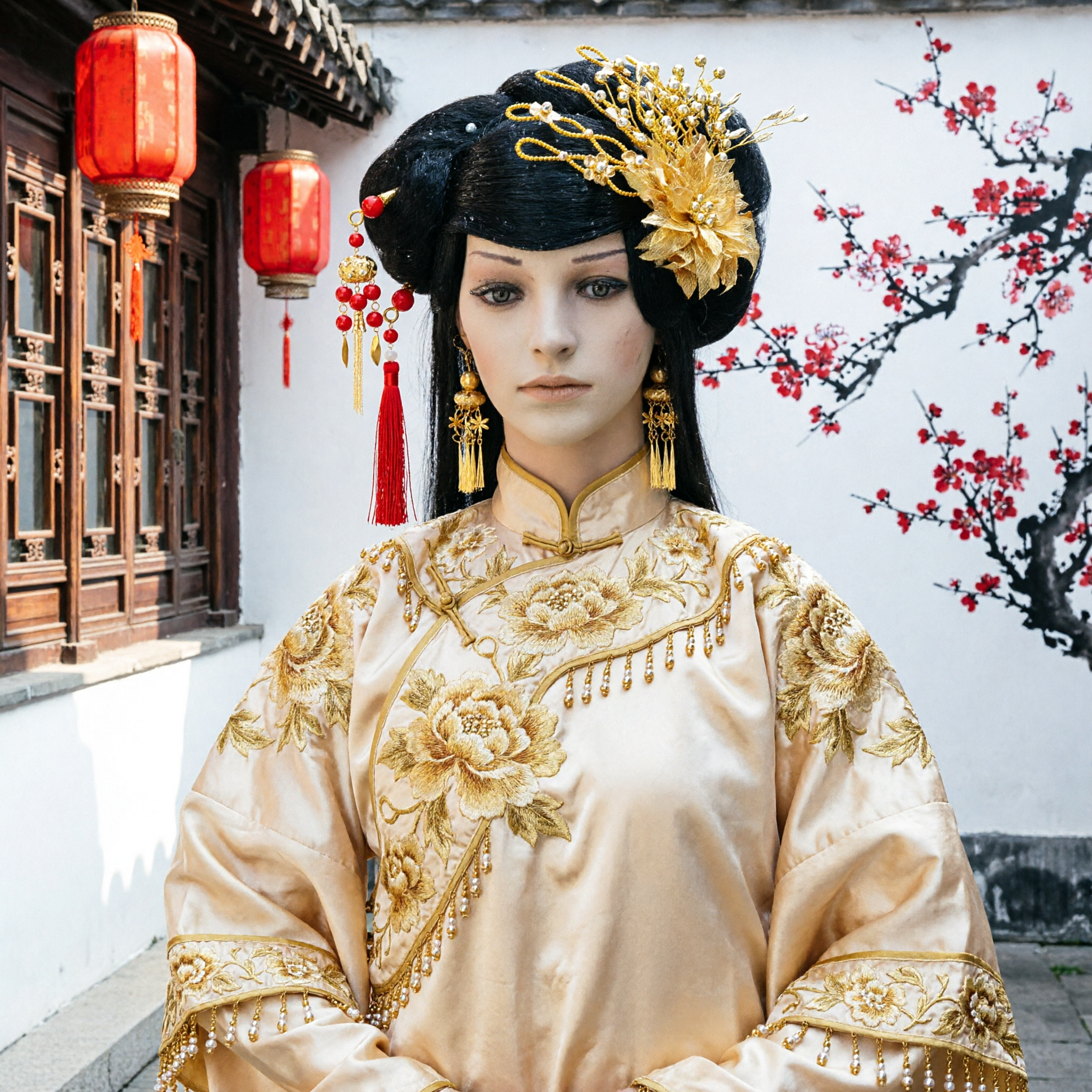 Parrucca da Principessa Antica Cinese Tradizionale con Peonia Dorata e Ornamenti di Perle Rosse per Cosplay Hanfu - Asian Costume