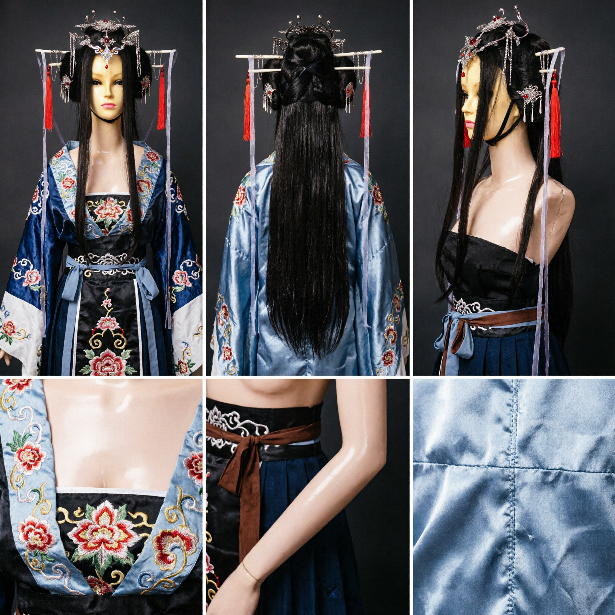 전통 중국 고풍 공주 한복 머리장식 가발 은색 머리장신구 및 붉은 술 여성 코스프레용 - Asian Costume