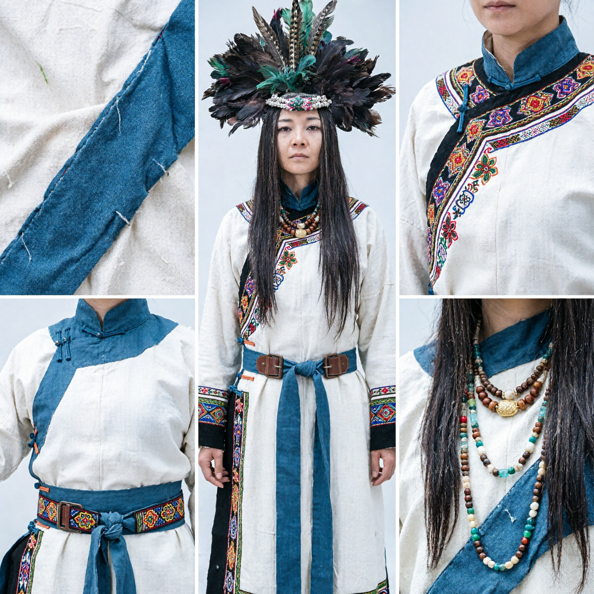 Ensemble costume de reine tribale ancienne chinoise avec grande coiffe à plumes de paon pour femmes, spectacle scénique - Asian Costume