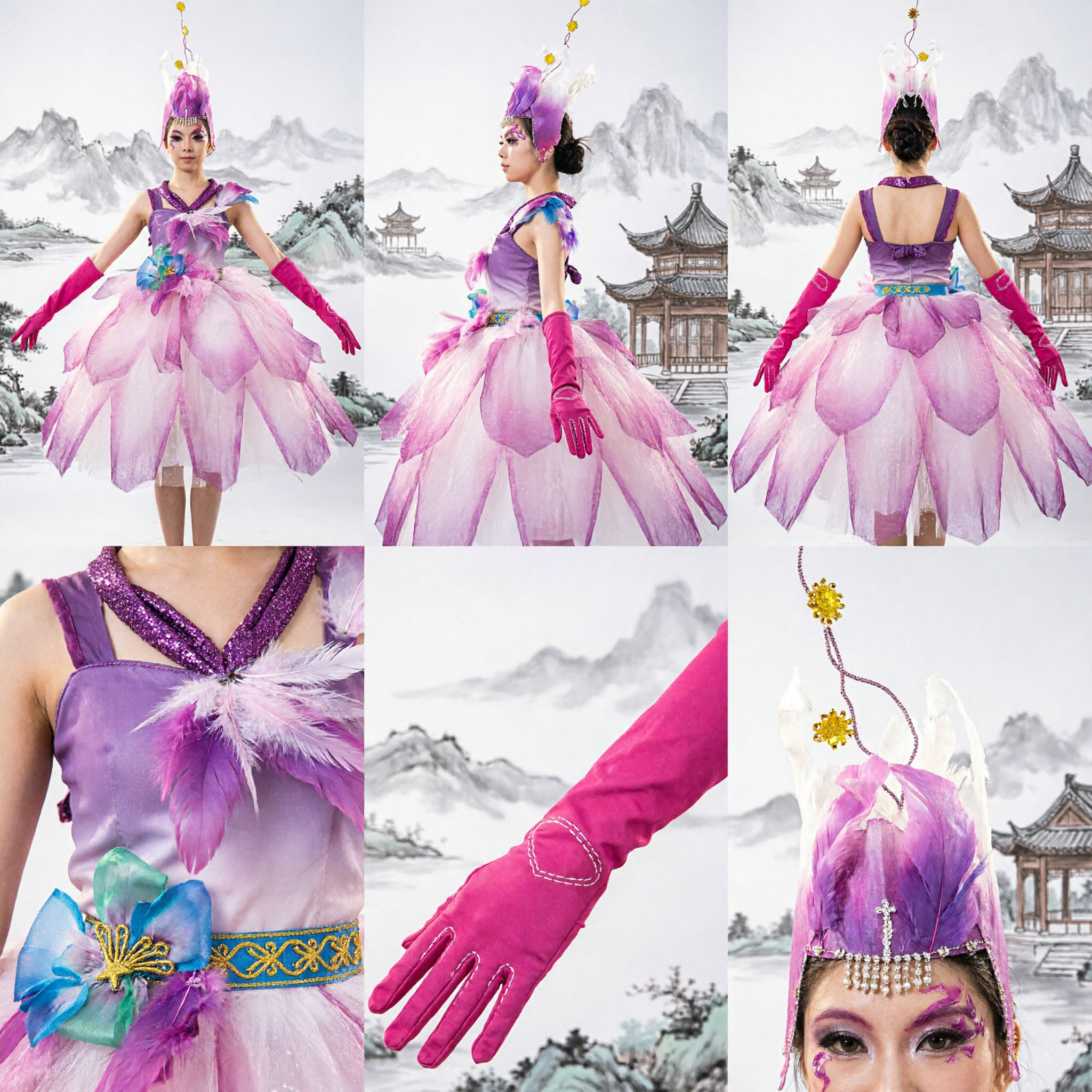 Frauen Rosa Blumenfee Chinesisches Tanzkostüm Traditionelles Bühnenaufführungs-Kleid mit Kopfschmuck - Asian Costume